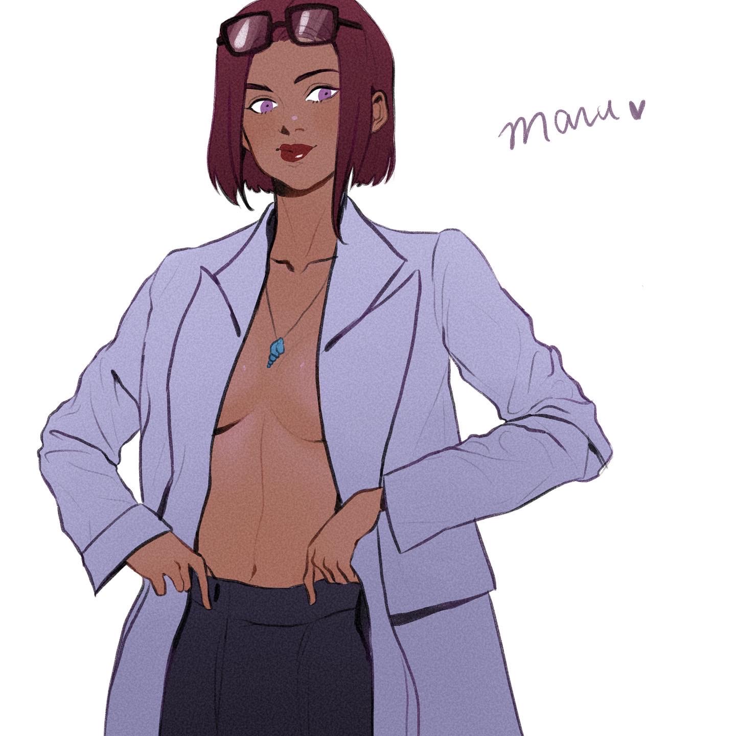 1girls, 2d, breasts, color, dark skin, dark-skinned female, female, female only, glasses, glasses on head, jacket, m kun, maru (stardew valley), necklace, no bra, open clothes, open jacket, purple eyes, red hair, red lipstick, solo, stardew valley, white background