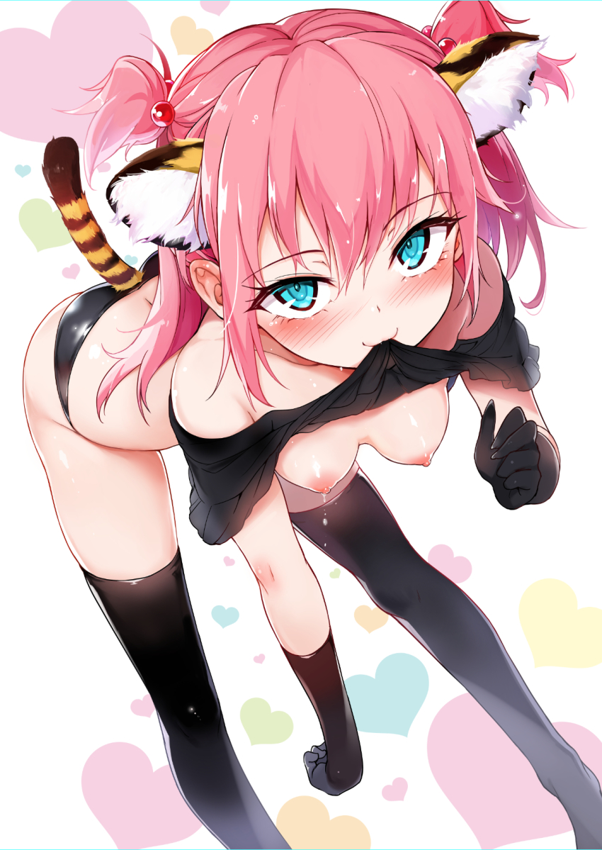 1girls aina-chan alone animal_ears animal_tail aqua_eyes black_eyelashes black_gloves black_legwear black_panties black_topwear blush breasts cute_face female_only heart_background light_skin lovely_heart pink_hair ponytail ponytails solo solo_female