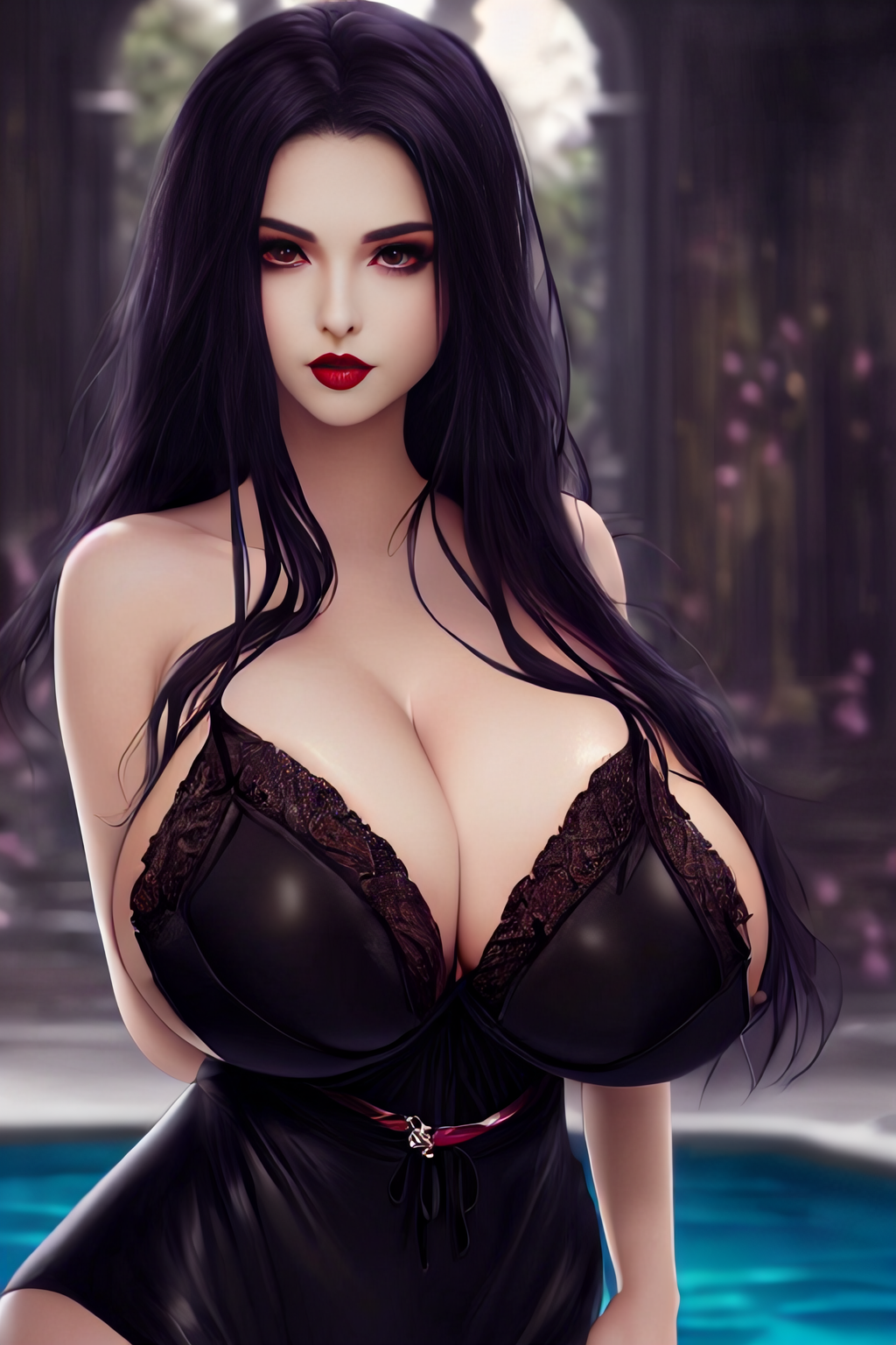 ai generated, anime style, black hair, breasts, female, female only, goth, goth girl, hourglass figure, hyper breasts, large breasts, light skin, light-skinned female, long hair, looking at viewer, original, pale skin, pale-skinned female, red lipstick, solo, solo female, stable diffusion, thick thighs, voluptuous