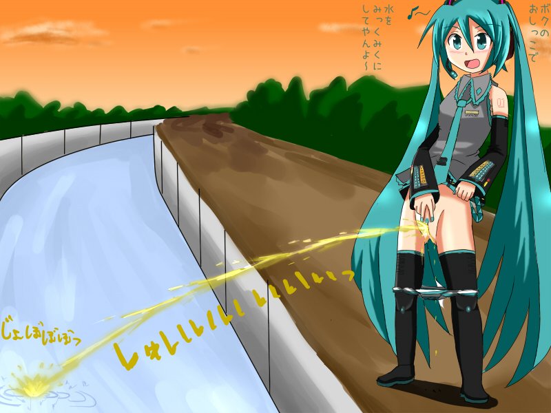 boots hatsune_miku needs_tags panties panties_around_leg panties_down peeing peeing_into_river peeing_into_water pubic_hair pussy pussy_juice skirt_up tagme toro_r18 urination urine urine_stream vocaloid water