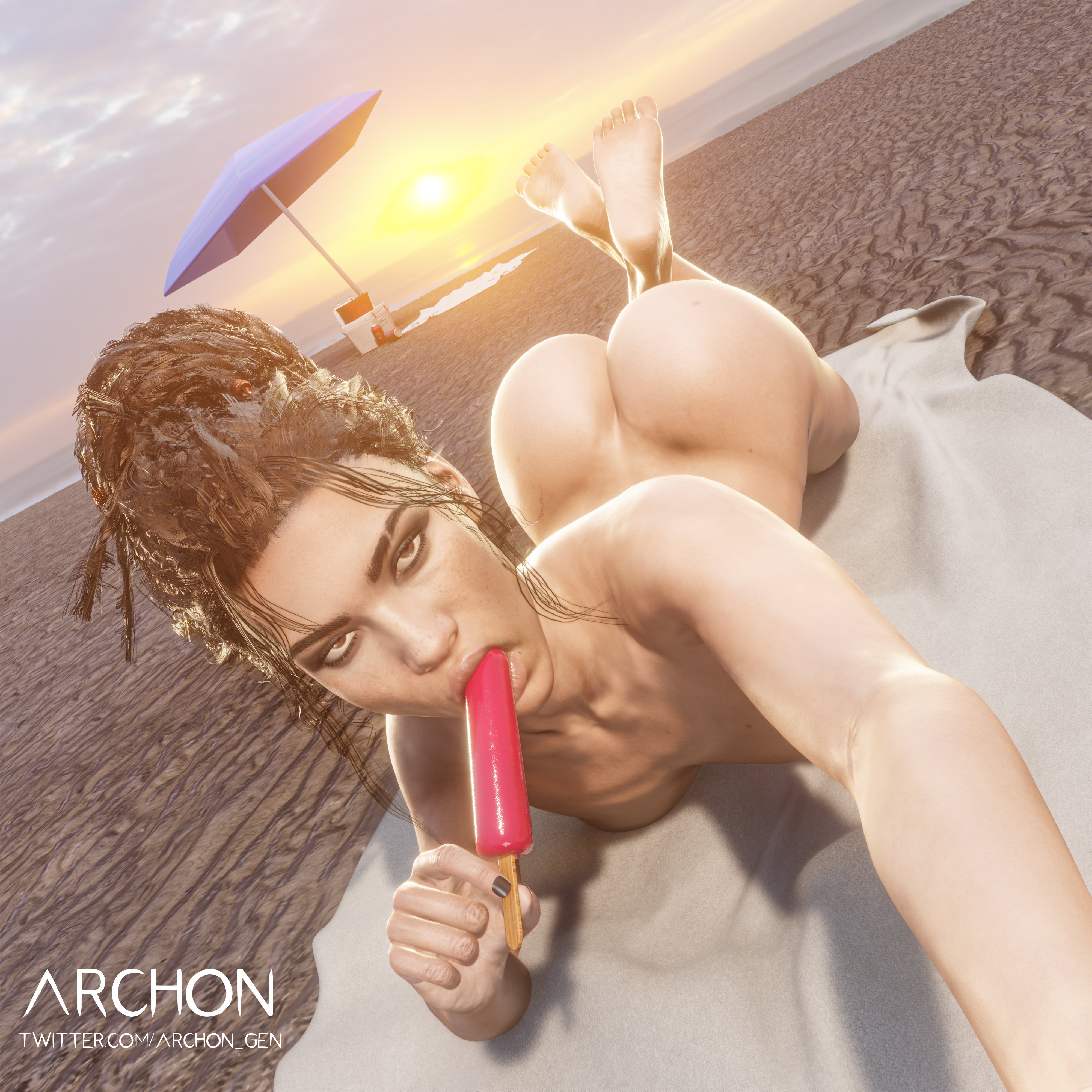 3d, 3d (artwork), archon gen, ass, ass up, big breasts, black hair, breasts, busty, cd projekt red, cyberpunk 2077, dark, dark skin, dark-skinned female, female, hair bun, hair up, latina, looking at viewer, naked selfie, nude, nude female, nude selfie, panam palmer, popsicle, selfie, thick, thick hips, thick thighs, wide hips