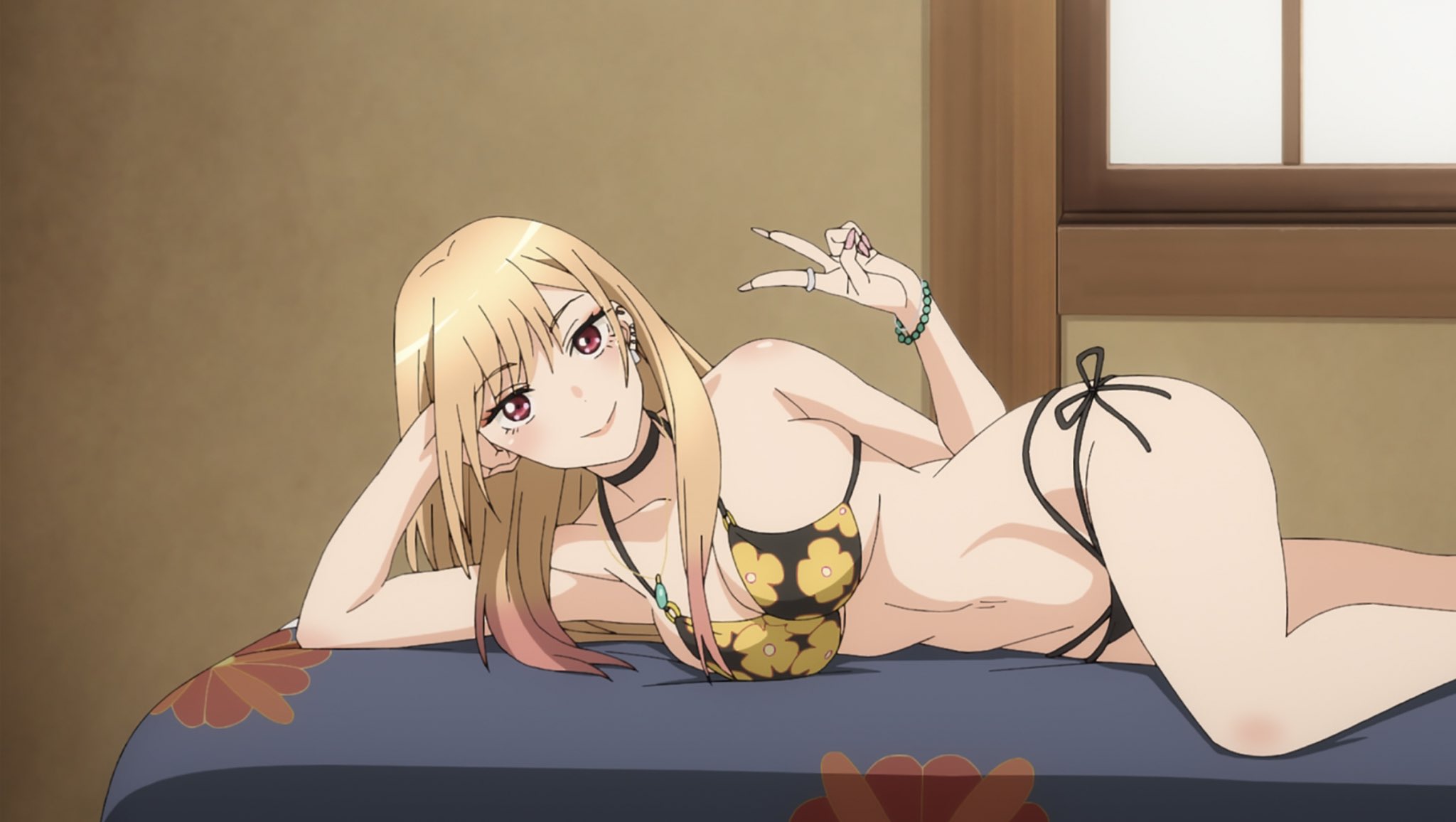 1girls, anime screencap, bikini, blonde female, blonde hair, female, female only, human, kitagawa marin, lying on side, marin kitagawa, peace sign, screencap, solo, sono bisque doll wa koi wo suru