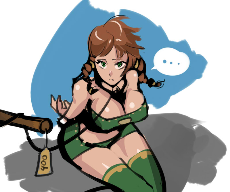 arms behind back, avatar the last airbender, breasts, brown hair, clothing, female, female only, femsub, green eyes, jin (avatar), large breasts, leash, nickelodeon, optionaltypo, price tag, slave, slave collar, slave girl, slave outfit, solo, stockings, submissive female, twintails