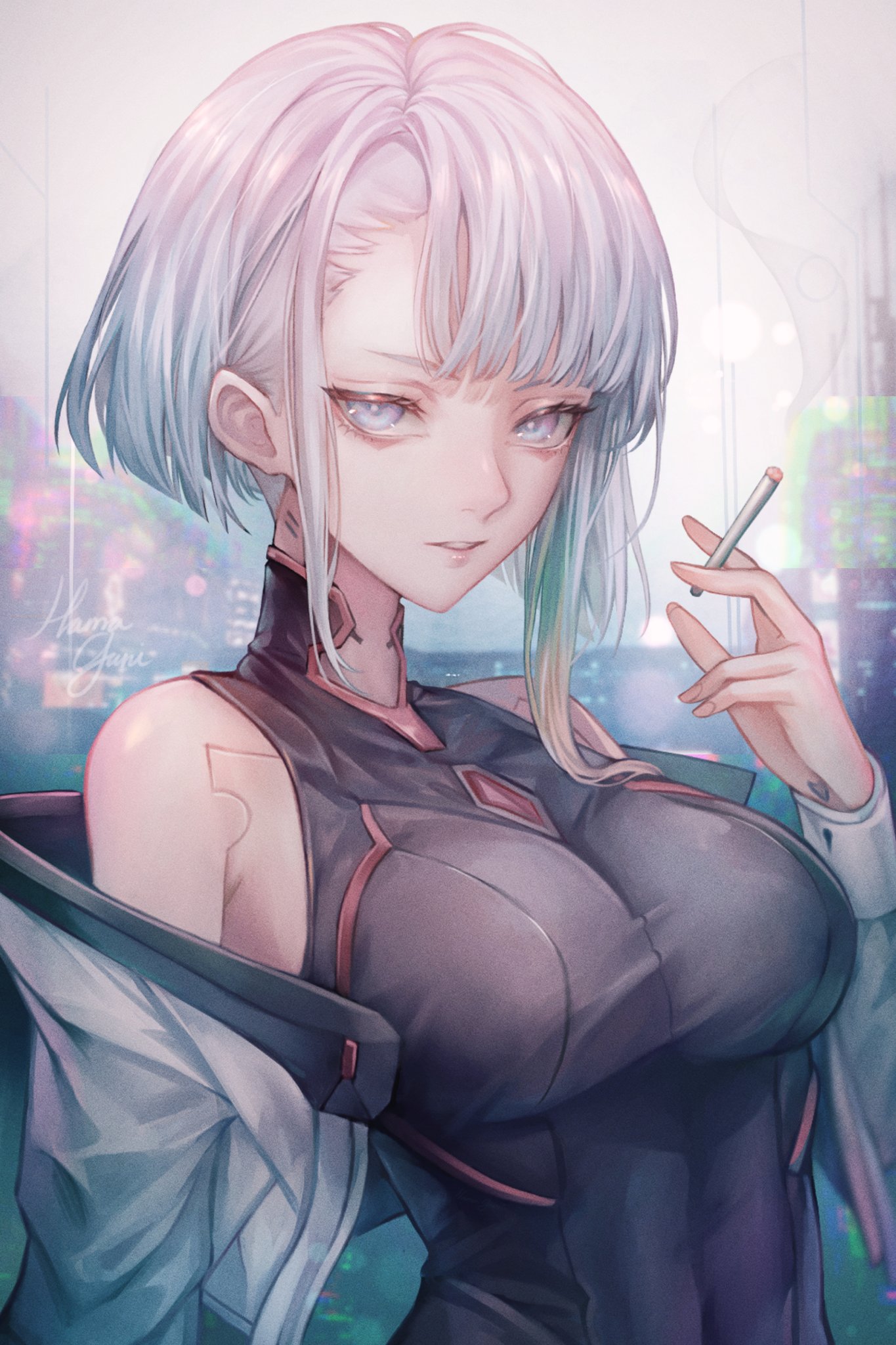 1girls, big breasts, breasts, cd projekt red, cigarette, cyberpunk 2077, cyberpunk: edgerunners, female, female only, hamaguri (hama guri), light skin, light-skinned female, lucyna kushinada, netflix, nipple bulge, open clothes, open jacket, painting (artwork), studio trigger, white hair
