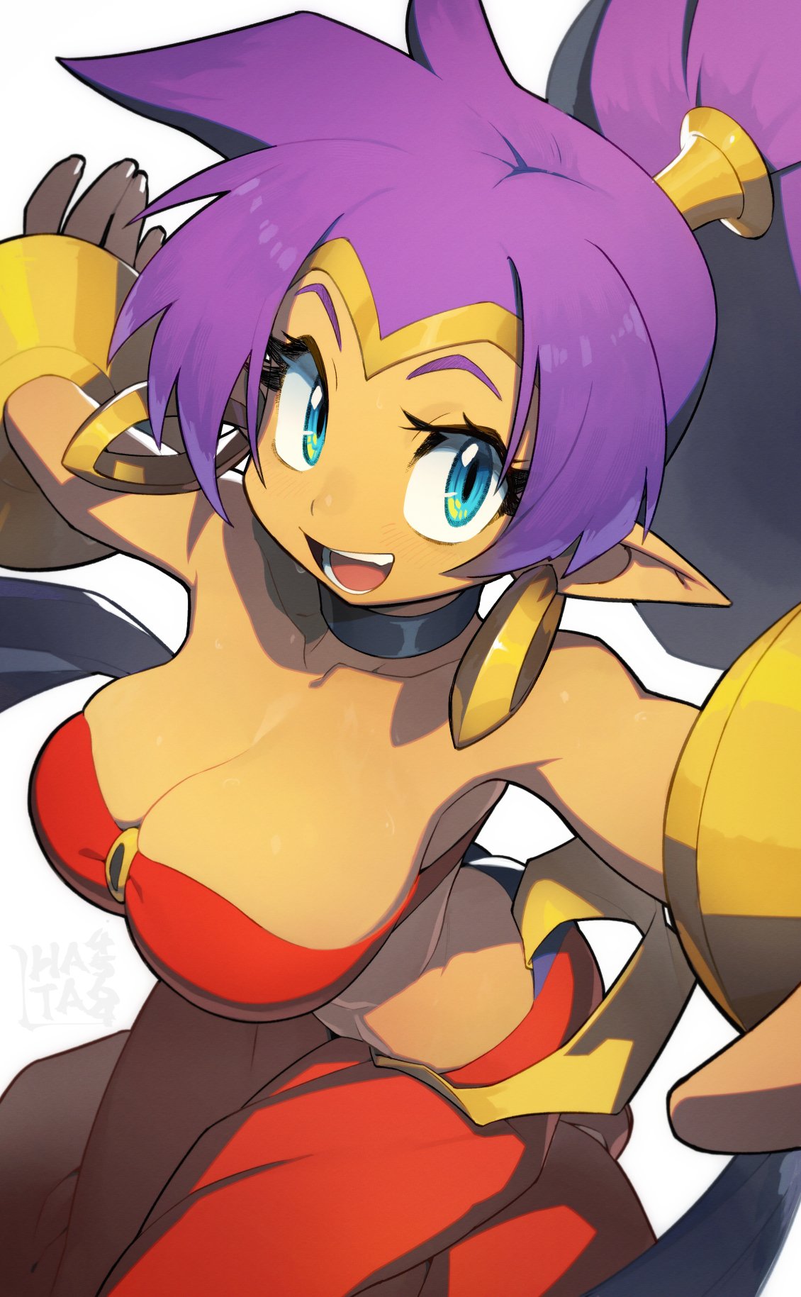 1girls, big eyes, blue eyes, breasts, clothed, clothing, elf ears, female, female only, genie, huge breasts, lhata4564, looking at viewer, open mouth, ponytail, purple hair, red clothes, red clothing, shantae, shantae (character), smile, smiling, smiling at viewer, smooth skin, solo, solo female, tan, tan body, tan skin, thick thighs