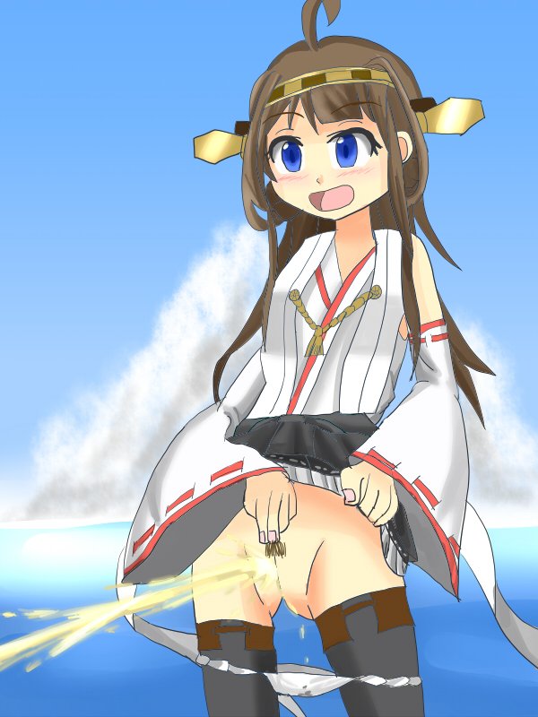 hairy_pussy kantai_collection kongou_(kantai_collection) open_mouth pants_down peeing pussy pussy_hair smirking talking toro_r18 wet_panties wet_spot