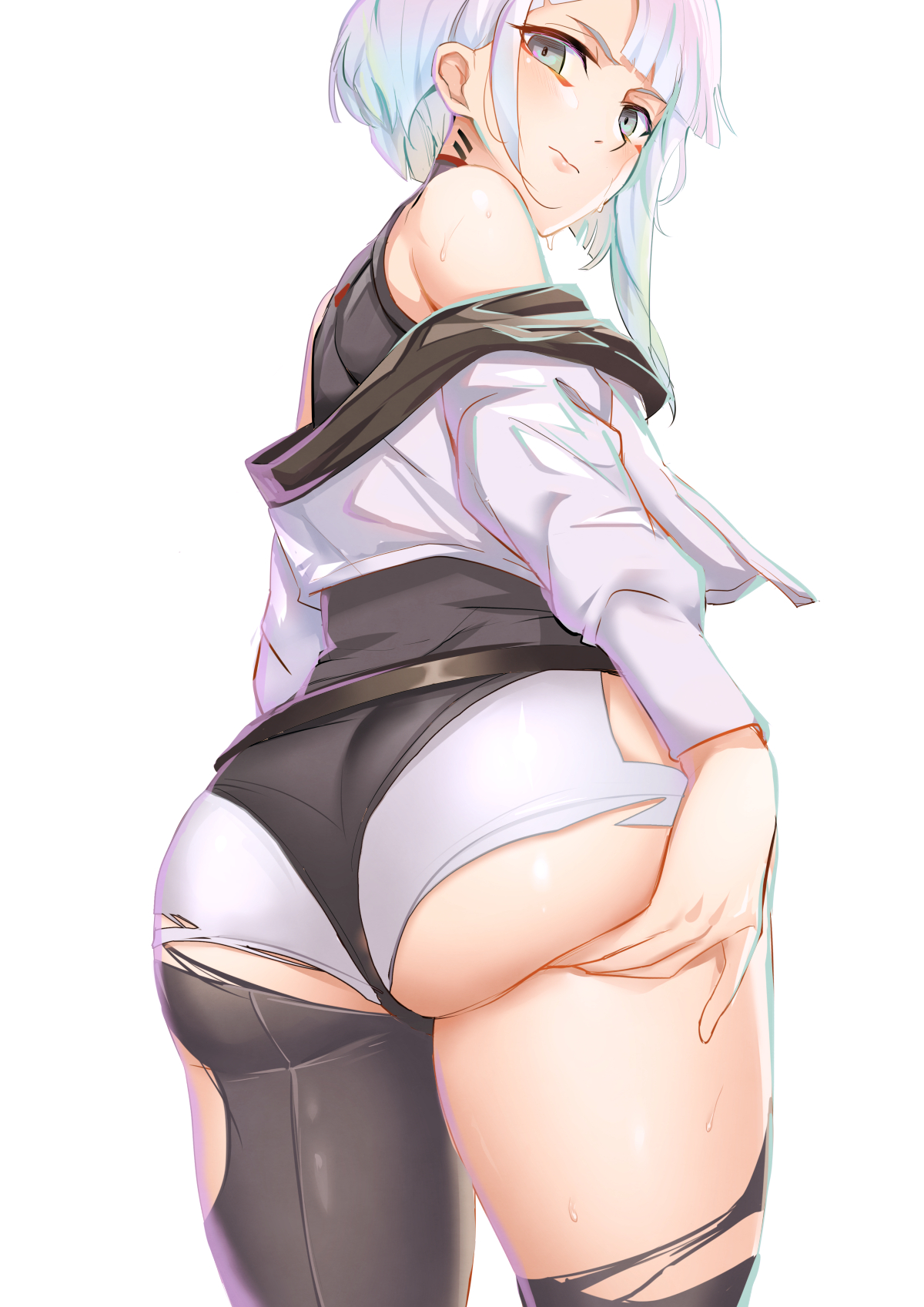 1girls, ass, ass focus, ass grab, bare shoulders, big ass, blush, cd projekt red, cyberpunk 2077, cyberpunk: edgerunners, deep skin, exj7czld3dbcijn, female, female only, from behind, gradient hair, green eyes, green hair, highres, huge ass, jacket, leotard, light-skinned female, long hair, looking at viewer, looking back, lucyna kushinada, multicolored hair, rainbow hair, shiny, shiny clothes, shiny hair, shiny skin, short shorts, shorts, solo, studio trigger, sweat, thick thighs, thighs, white hair