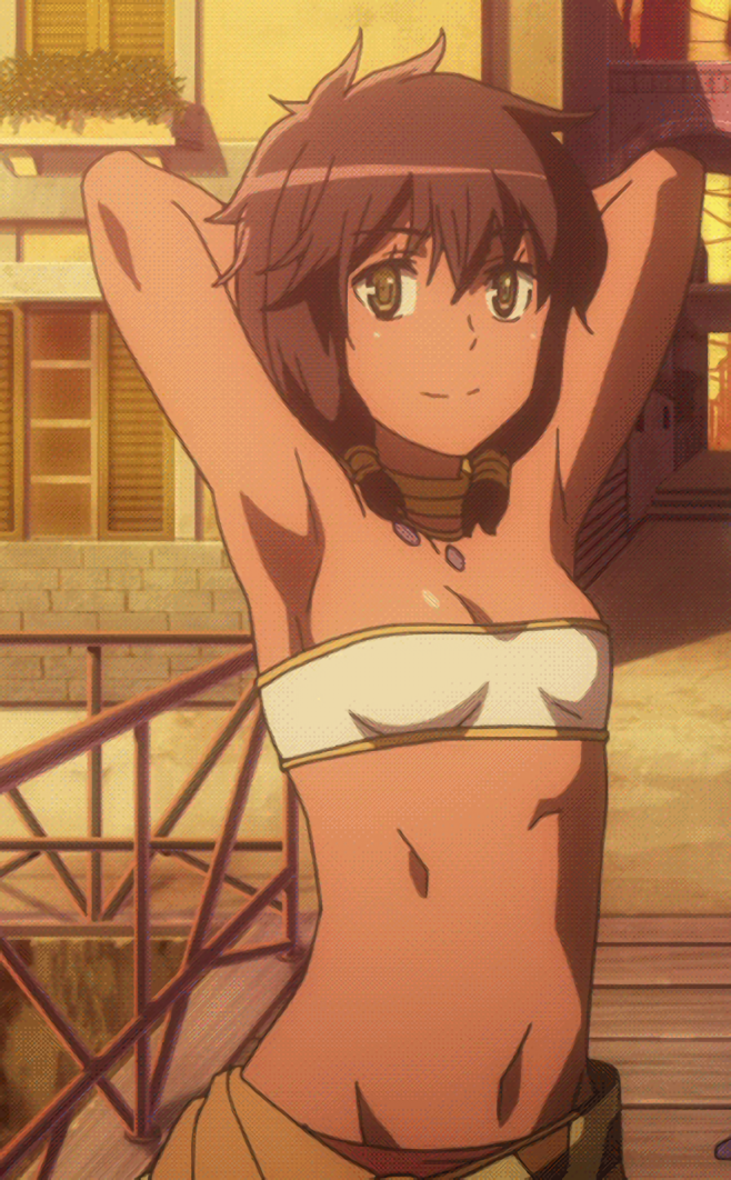 1girls, armpits, arms behind head, bandeau, breasts, brown hair, cute, dark skin, dark-skinned female, dungeon ni deai wo motomeru no wa machigatteiru darou ka, female, looking at viewer, midriff, navel, pose, posing, screencap, sensual, sexy armpits, short hair, small breasts, smile, solo, tiona hiryute, tribal, yellow eyes