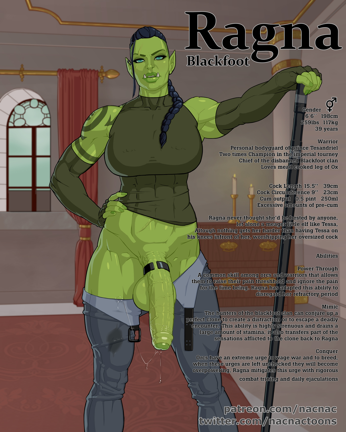 1futa, abs, balls, big breasts, big penis, breasts, clothed, clothing, cock ring, dickgirl, flaccid, foreskin, futa only, futanari, green skin, huge breasts, humanoid, humanoid penis, intersex, looking at viewer, mostly clothed, muscles, muscular, muscular futa, nacnac, orc, orc futa, penis, precum, precum drip, precum string, ragna blackfoot, solo, solo futa, standing, testicles, uncircumcised, uncut