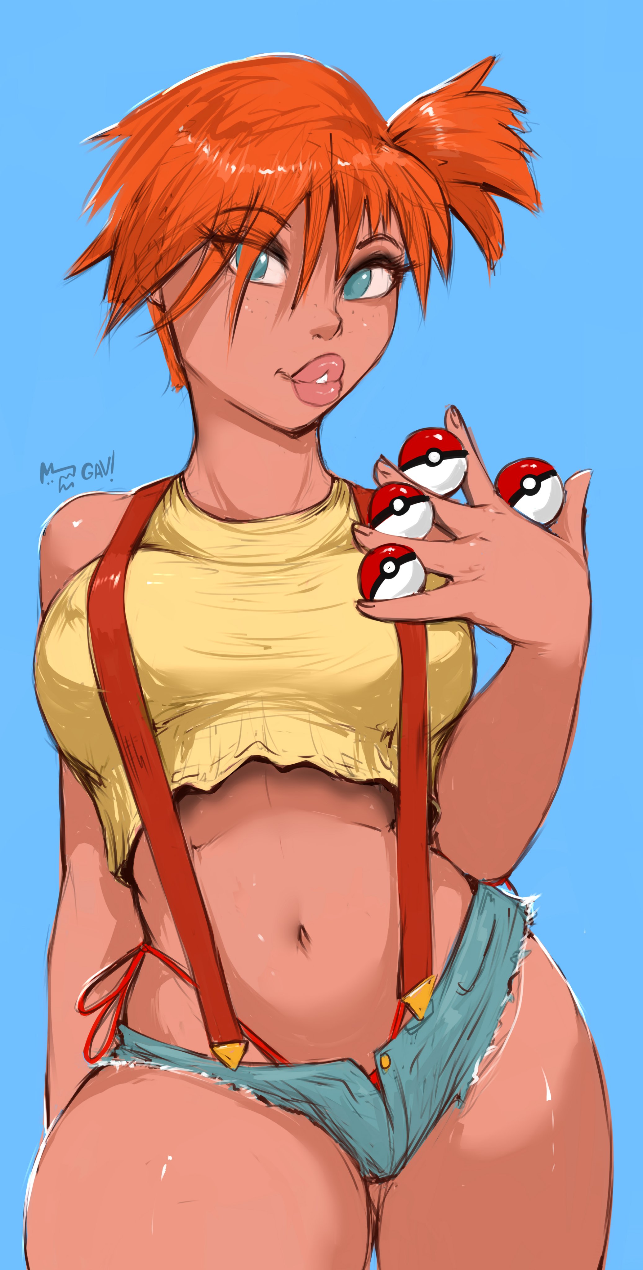 1girls, aleksandrgav, big breasts, big lips, blue eyes, blue shorts, bottomwear, breasts, female, female only, game freak, hair, kasumi (pokemon), lips, orange hair, pokeball, pokemon, pokemon rgby, red thong, short shorts, shorts, skimpy, skimpy clothes, solo, solo female, suspenders, thick lips, thong, topwear, yellow topwear, young