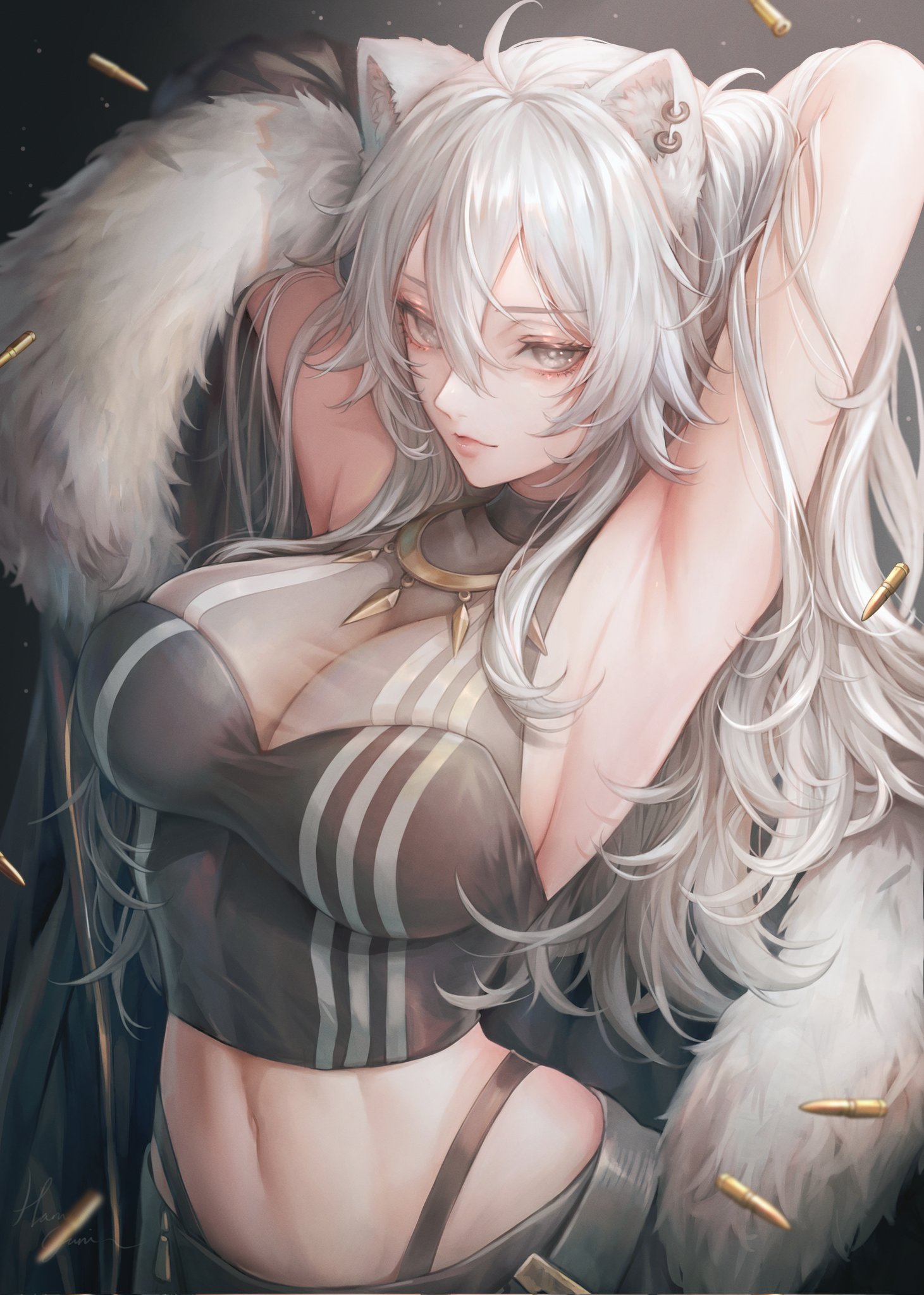 1girls, armpits, arms up, big breasts, breasts, cat ears, female, female only, hamaguri (hama guri), hololive, hololive gen 5, hololive japan, light skin, light-skinned female, midriff, navel, painting (artwork), shishiro botan, virtual youtuber