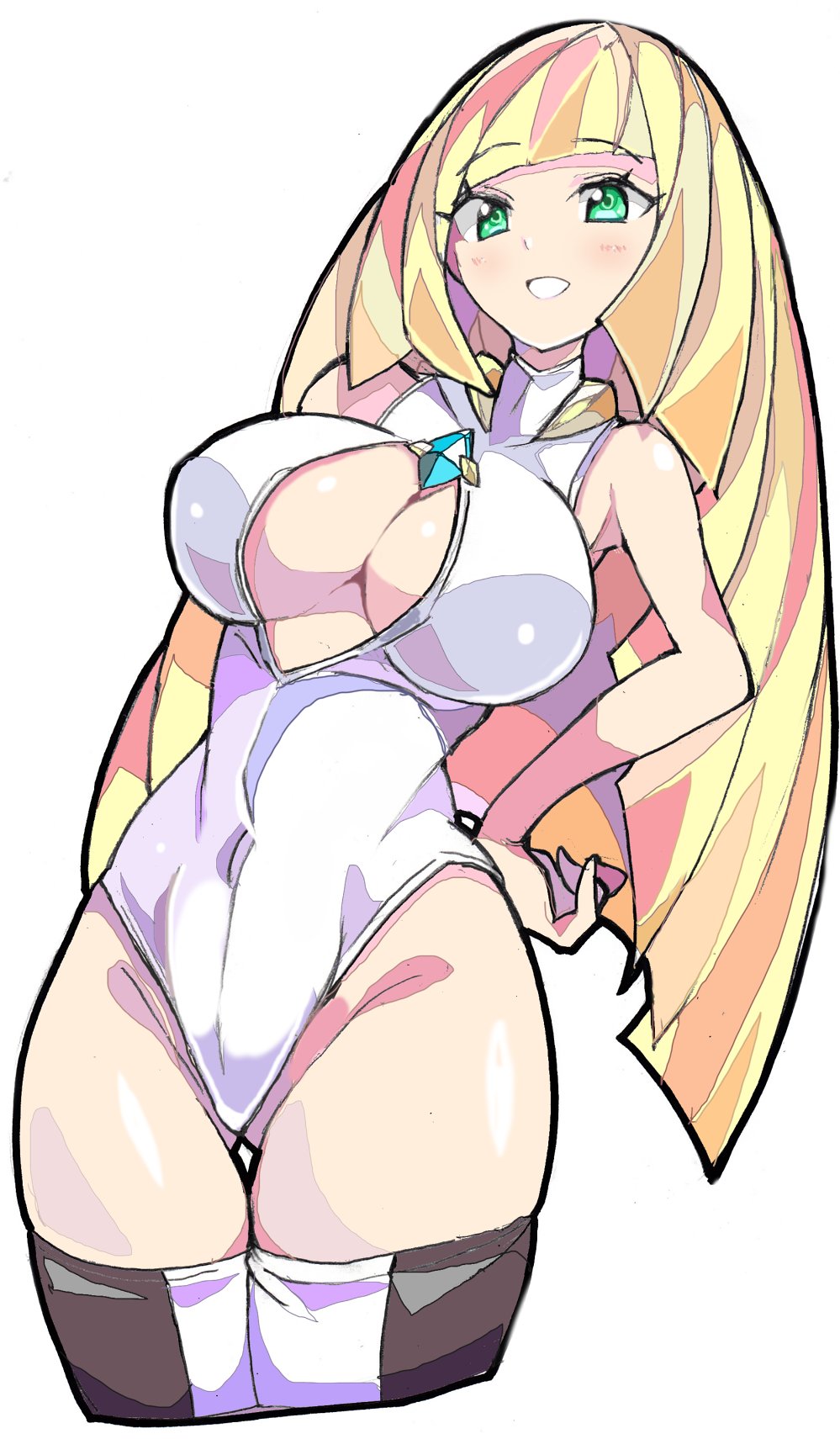 1girls, alternate breast size, blonde hair, breasts, cleavage, enpe, female, game freak, green eyes, hand on hip, highleg leotard, hips, large breasts, leotard, long hair, lusamine (pokemon), mature female, milf, mother, nintendo, pokemon, pokemon sm, slim waist, smile, thick thighs, thighhighs, thighs, white leotard, wide hips