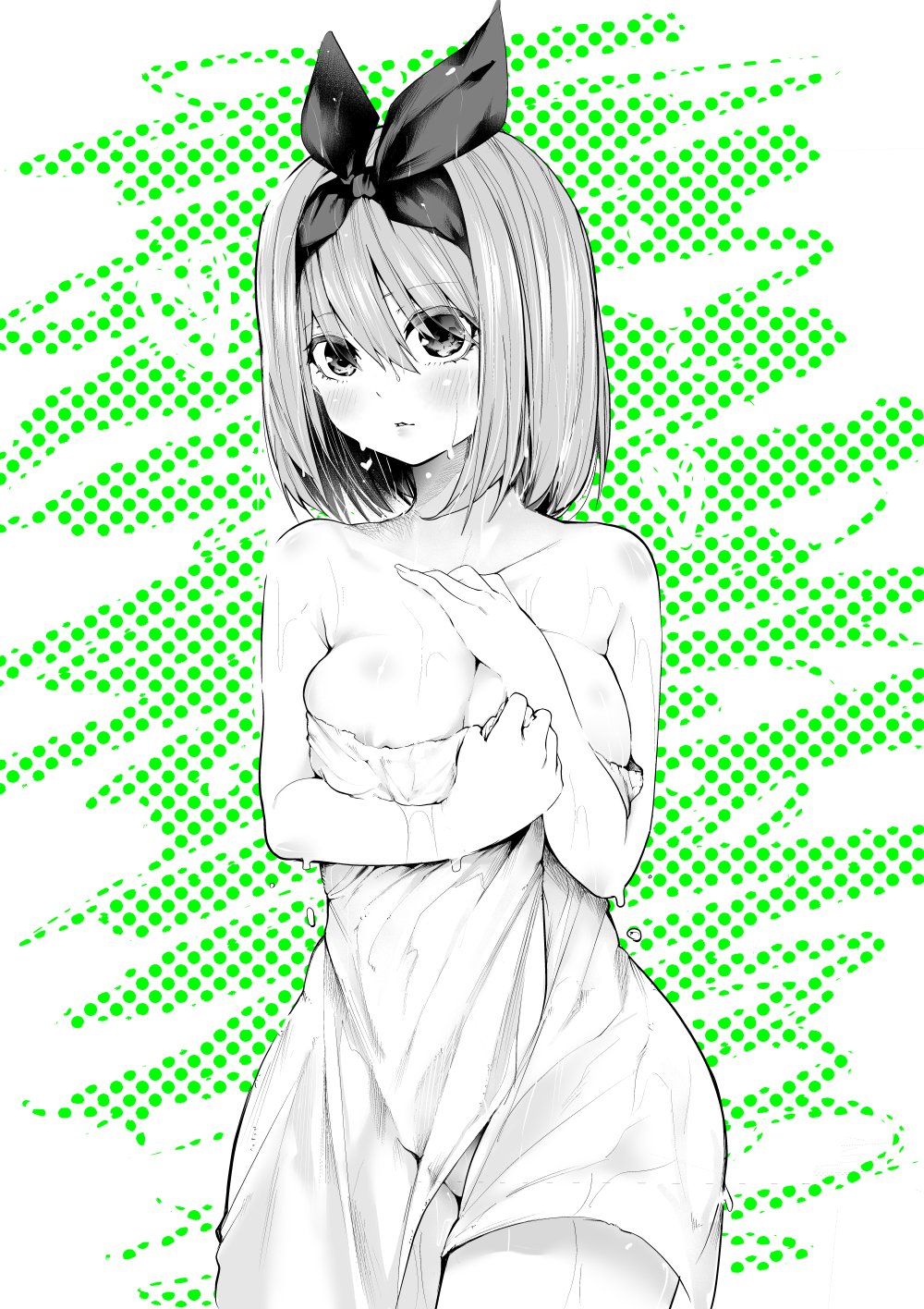 1girls areola_slip bangs bare_shoulders blush breasts cleavage collarbone female go-toubun_no_hanayome greyscale groin hair_ribbon hand_on_own_chest highres large_breasts looking_at_viewer monochrome nakano_yotsuba naked_towel partially_visible_vulva popon050707 ribbon short_hair thighs towel wet