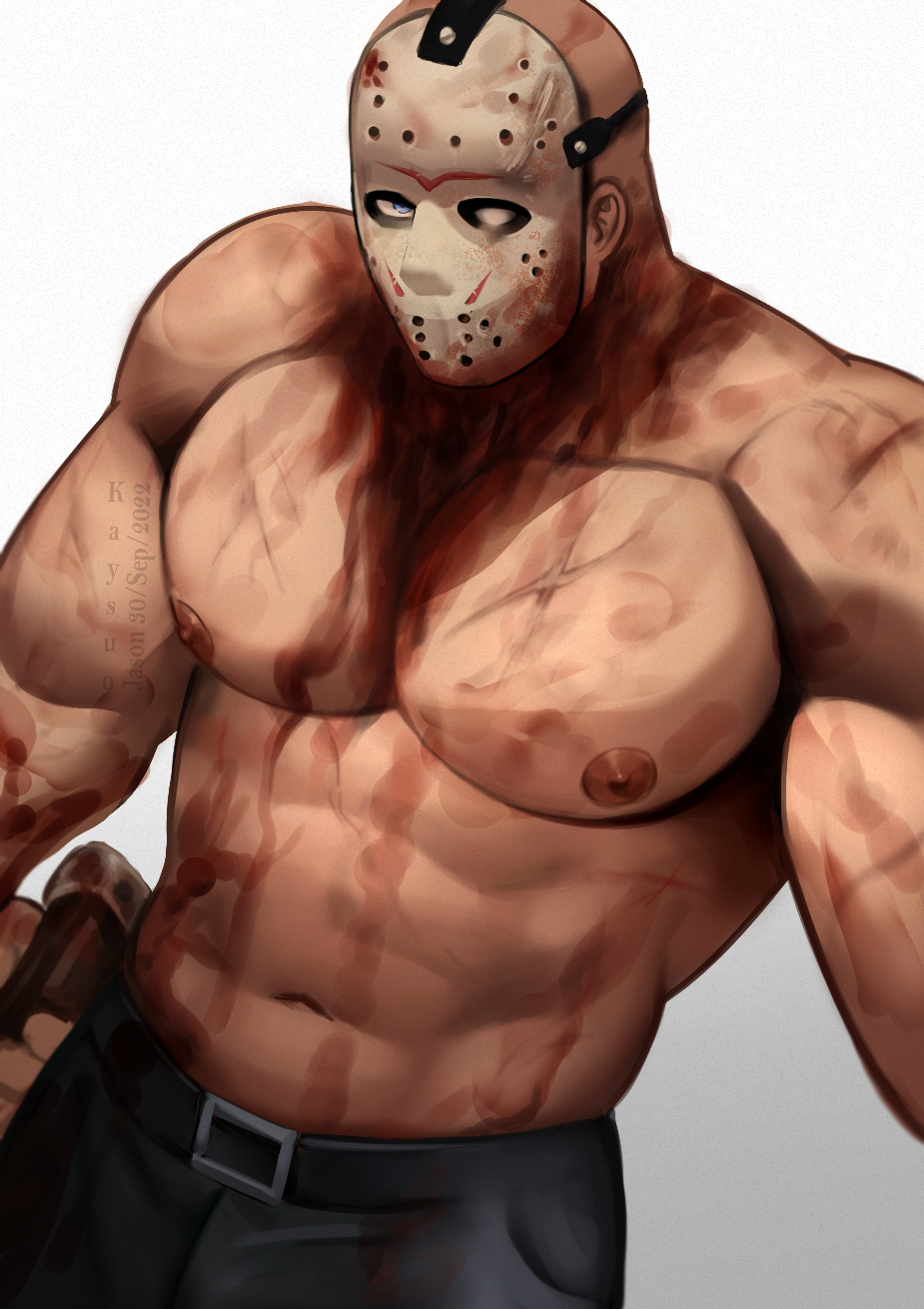 bald bald_man bara bara_tiddies bara_tits big_breasts big_pecs blood blood_on_breasts blood_on_chest blood_on_face blood_splatter blue_eyes covered_in_blood gay jason_voorhees kaysuo male male_focus male_only mask mask_only masked masked_male muscle muscles muscular muscular_arms muscular_male scar scarred scars shirt_removed shirtless