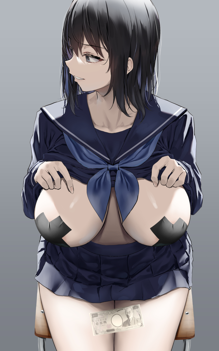 1girls, bare legs, black hair, black pasties, breasts, female, large breasts, light skin, light-skinned female, long hair, looking away, money, oc, oekakizuki, original, original character, pasties, prostitution, sailor collar, school uniform, schoolgirl, short skirt, skirt, thighs, x pasties