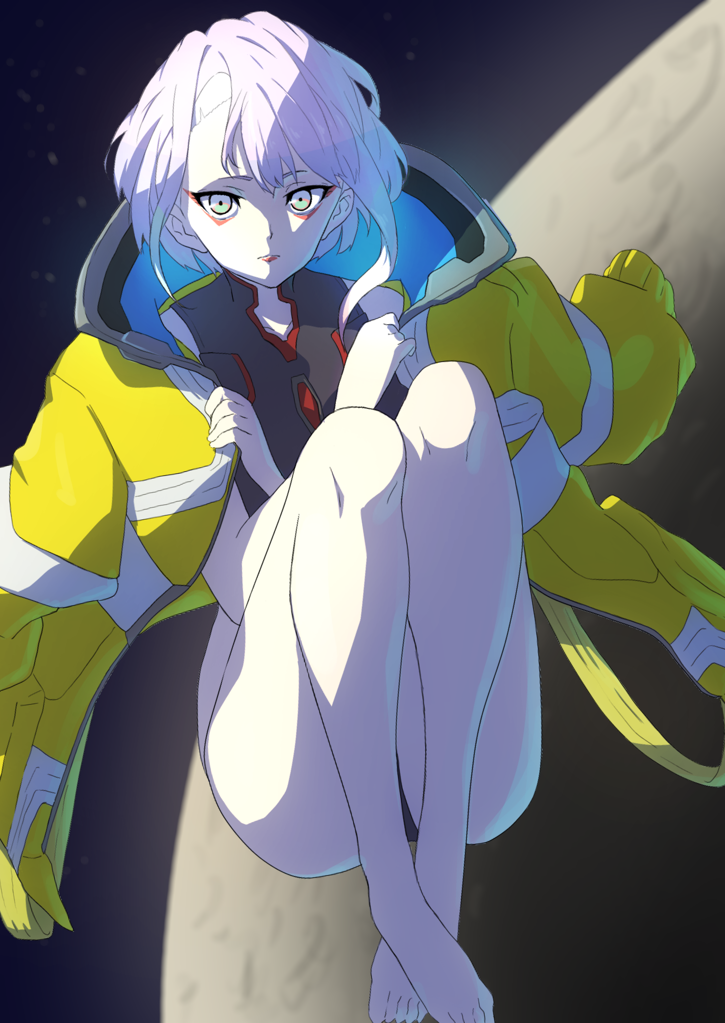 1girls, barefoot, bottomless, cd projekt red, cyberpunk 2077, cyberpunk: edgerunners, feet, female, female only, jacket, jacket on shoulders, kanzinokan, light skin, light-skinned female, looking at viewer, lucyna kushinada, netflix, studio trigger