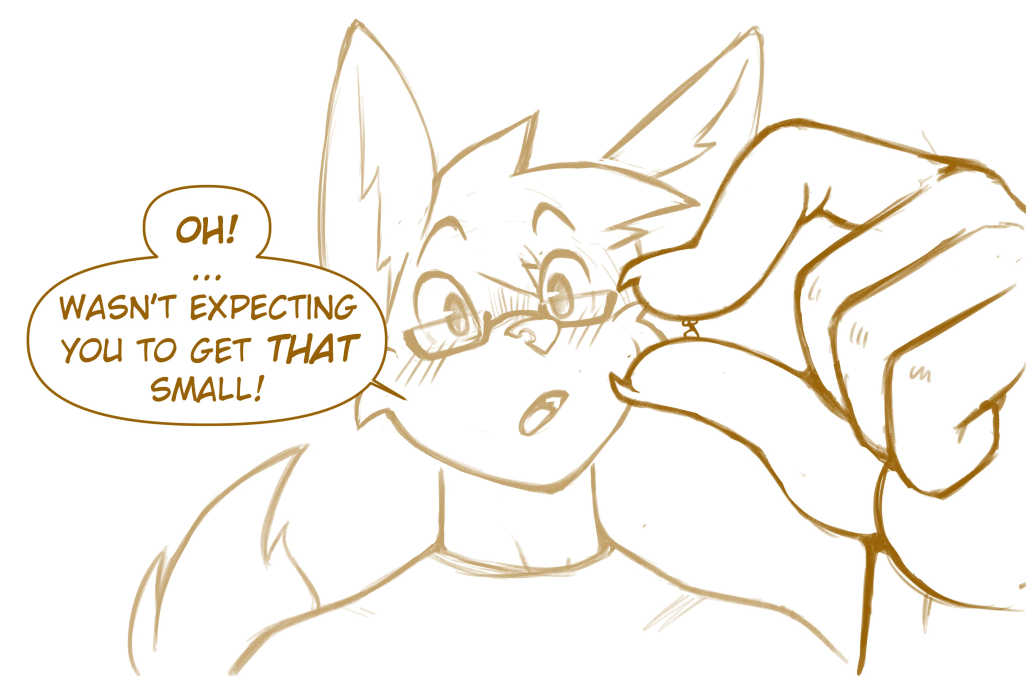 anthro dialogue fennec giant glasses impending_vore micro pinch tail vore