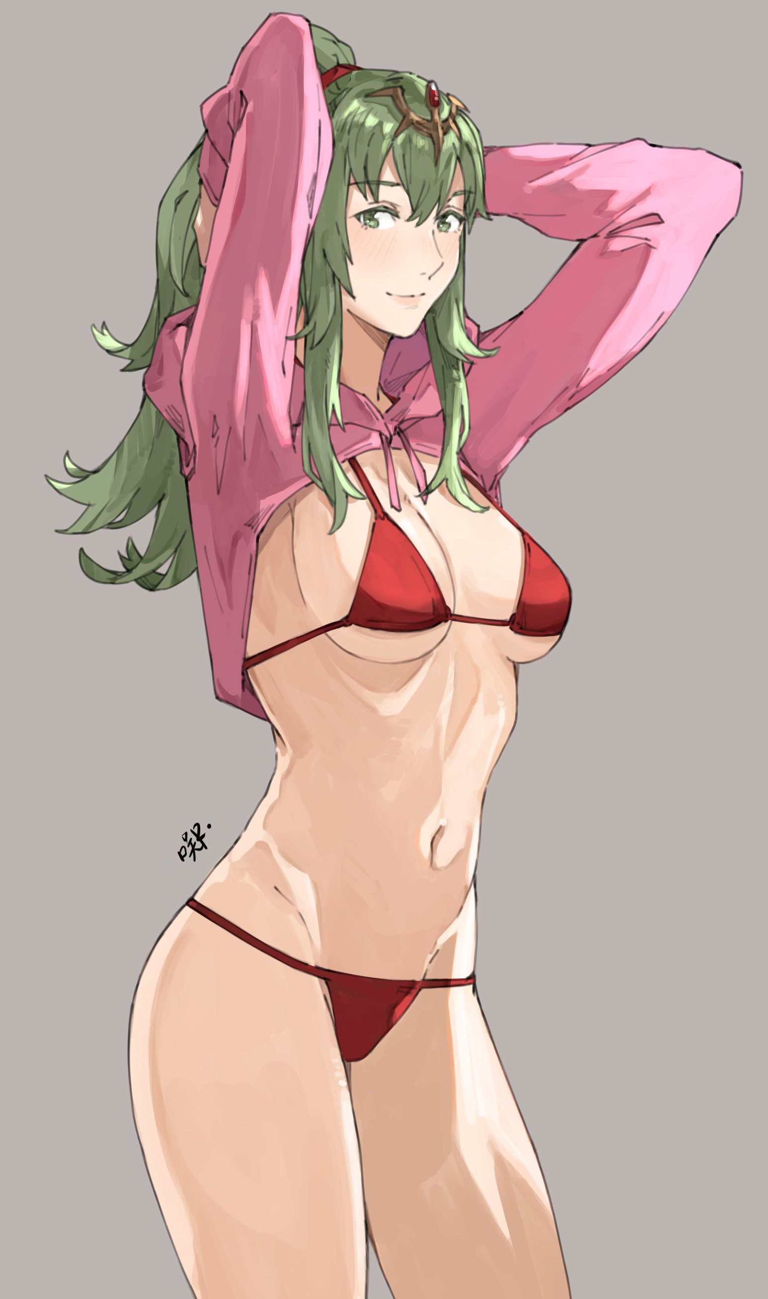 1girls, absurdres, alternate costume, arms up, bangs, bikini, breasts, cleavage, closed mouth, commentary, cropped jacket, english commentary, female, female only, fire emblem, fire emblem awakening, green eyes, green hair, grey background, hair between eyes, hair ornament, highres, hood, hood down, hooded jacket, jacket, large breasts, long hair, looking at viewer, navel, nintendo, pink jacket, ponytail, red bikini, sakuremi, shrug (clothing), signature, simple background, smile, solo, stomach, swimsuit, tiara, tiki (fire emblem), tiki (fire emblem) (adult)