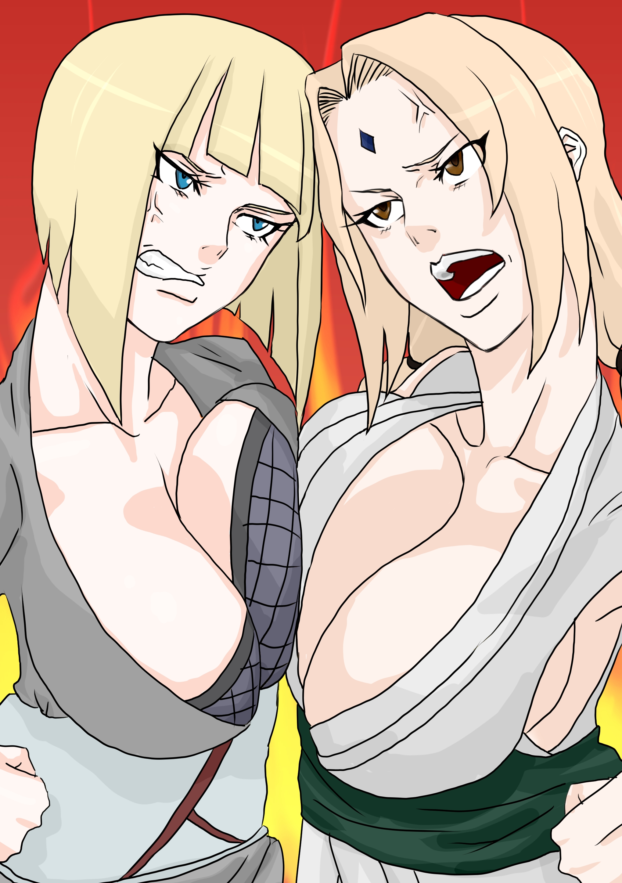 2girls, absurdres, anger vein, angry, arguing, asymmetrical docking, blonde hair, blue eyes, breast press, breasts, brown eyes, catfight, cleavage, clenched hands, clenched teeth, comparing, comparing breasts, competitive, docking, facial mark, female, hand on hip, highres, huge breasts, kunoichi, large breasts, long hair, mattsun (lyohei-adgjmptw), multiple females, multiple girls, naruto, naruto (series), naruto shippuden, ninja, open mouth, samui, short hair, staredown, symmetrical docking, teeth, tsunade, upper body