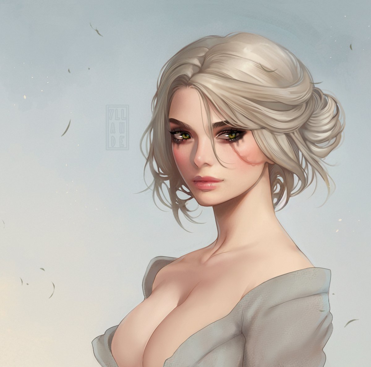1girls, big breasts, breasts, cd projekt red, ciri, cleavage, female, female only, green eyes, light skin, light-skinned female, scar, the witcher (series), the witcher 3: wild hunt, white hair, yiiande