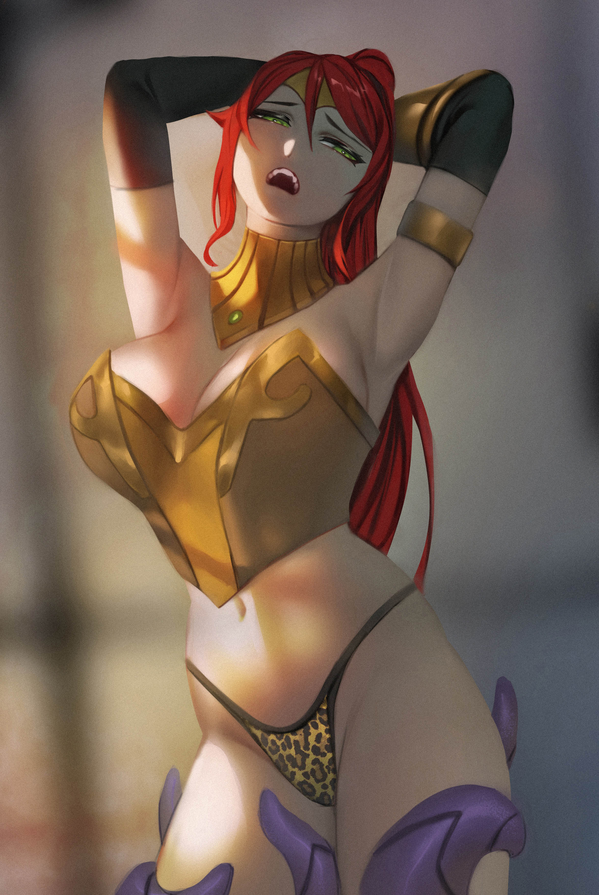 1girls, animal print, armlet, armpits, arms behind head, big breasts, breasts, busty, cleavage, female, green eyes, highres, large breasts, legs, leopard print, long hair, navel, ponytail, pyrrha nikos, red hair, rwby, spiralnoww, tentacle, thighs, thong, tiger print