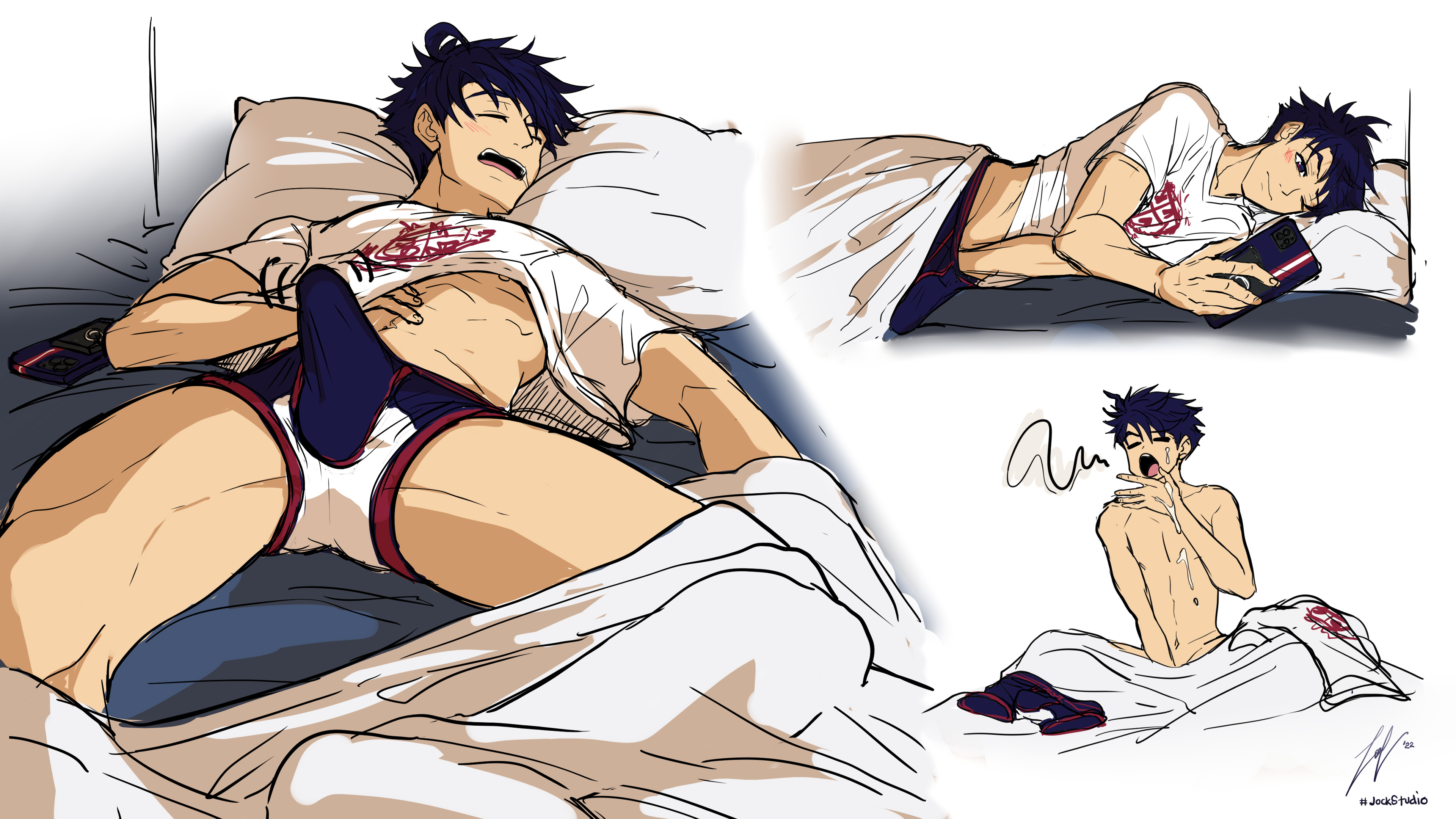 1boy, absurd res, ace anderson (jock studio), bed, bedroom, big penis, blue eyes, blue hair, blush, blushing, cum on body, erection, erection under clothes, gay, hi res, jock studio, male, male focus, male only, masturbation, morning, morning wood, penis, shirt up, shorts, sleeping, solo, solo focus, solo male, tagme, white background, yaoi, yawn, yawning, zaelblue, zamius