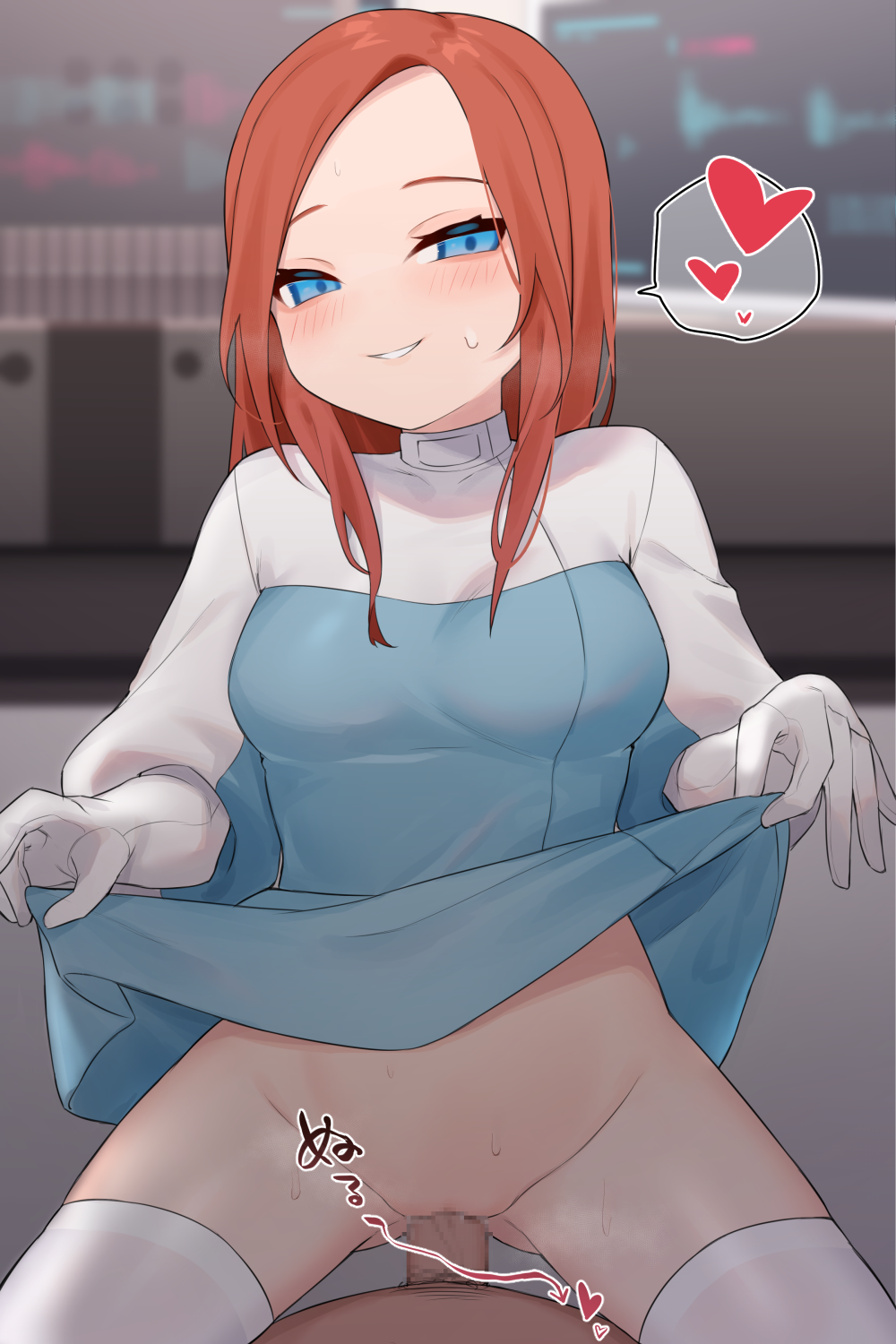 apex_legends ashleigh_reid blue_eyes blush clothed_sex clothes_lift female gloves heart highres long_hair nagoooon_114 naughty_face red_hair seamed_gloves sex skirt skirt_lift spoken_heart sweat thighhighs vaginal_penetration white_gloves white_thighhighs