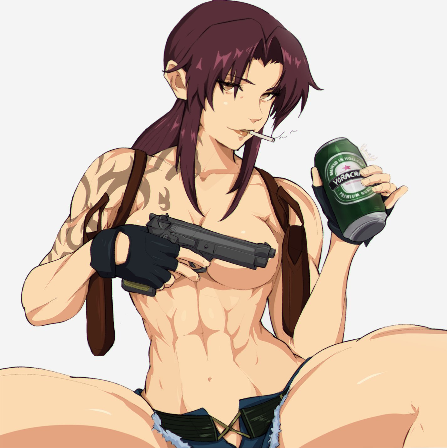 1girls, 2022, abs, alcohol, athletic, athletic female, bare shoulders, beer, biceps, big breasts, black lagoon, breasts, brown eyes, cigarette, covering breasts, female, female only, fingerless gloves, gloves, gun, hi res, light skin, light-skinned female, looking at viewer, muscular, muscular arms, muscular female, muscular legs, navel, ponytail, purple hair, revy, shorts, smoking, tattoo, thick thighs, topless, weapon, yoracrab