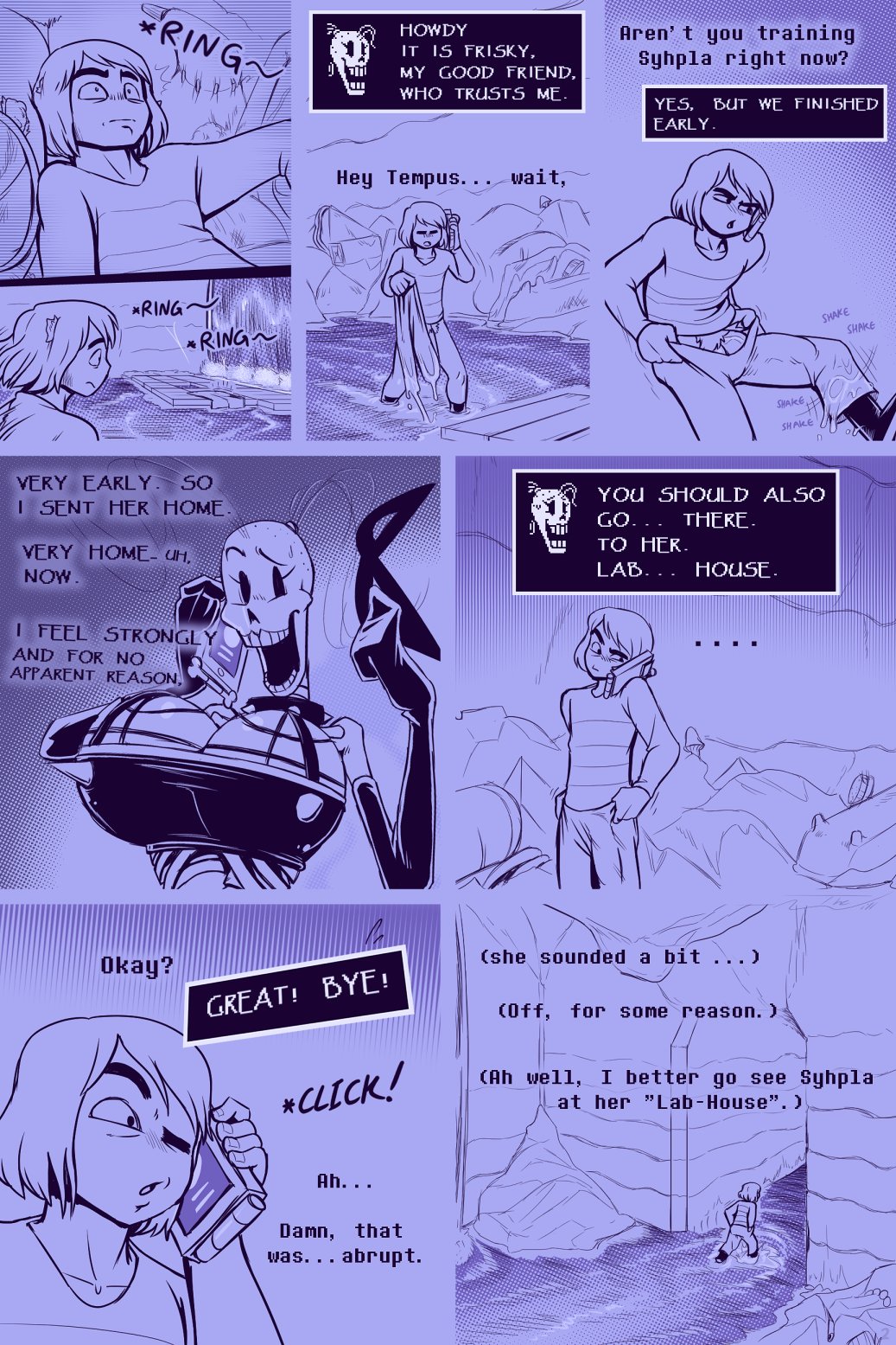 1boy 1girls 2d comic comic_page dialogue dominatrix dressing english_dialogue english_text female frisky_(under(her)tail) male no_pants page_2 penis penis_peek pubic_hair skeleton talking tempus_(under(her)tail) text thewill under(her)tail undertale undertale_(series) water