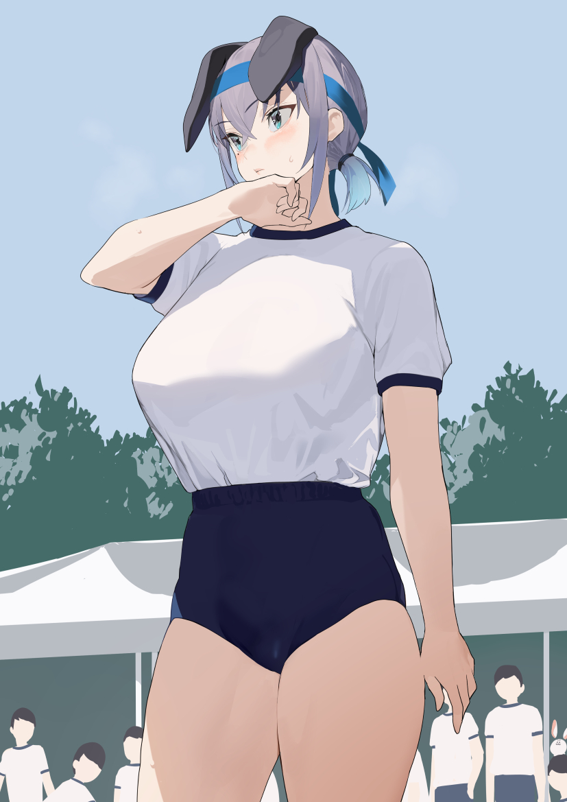 animal_ears blue_buruma blue_eyes blue_hair blush breasts buruma closed_mouth day dog_ears female gradient_hair grey_hair gym_uniform headband high-waist_shorts iku_(ikuchan_kaoru) ikuchan_kaoru_(character) indie_virtual_youtuber large_breasts multicolored_hair original outdoors shirt short_sleeves shorts solo_focus standing sweat tented_shirt twintails virtual_youtuber white_shirt