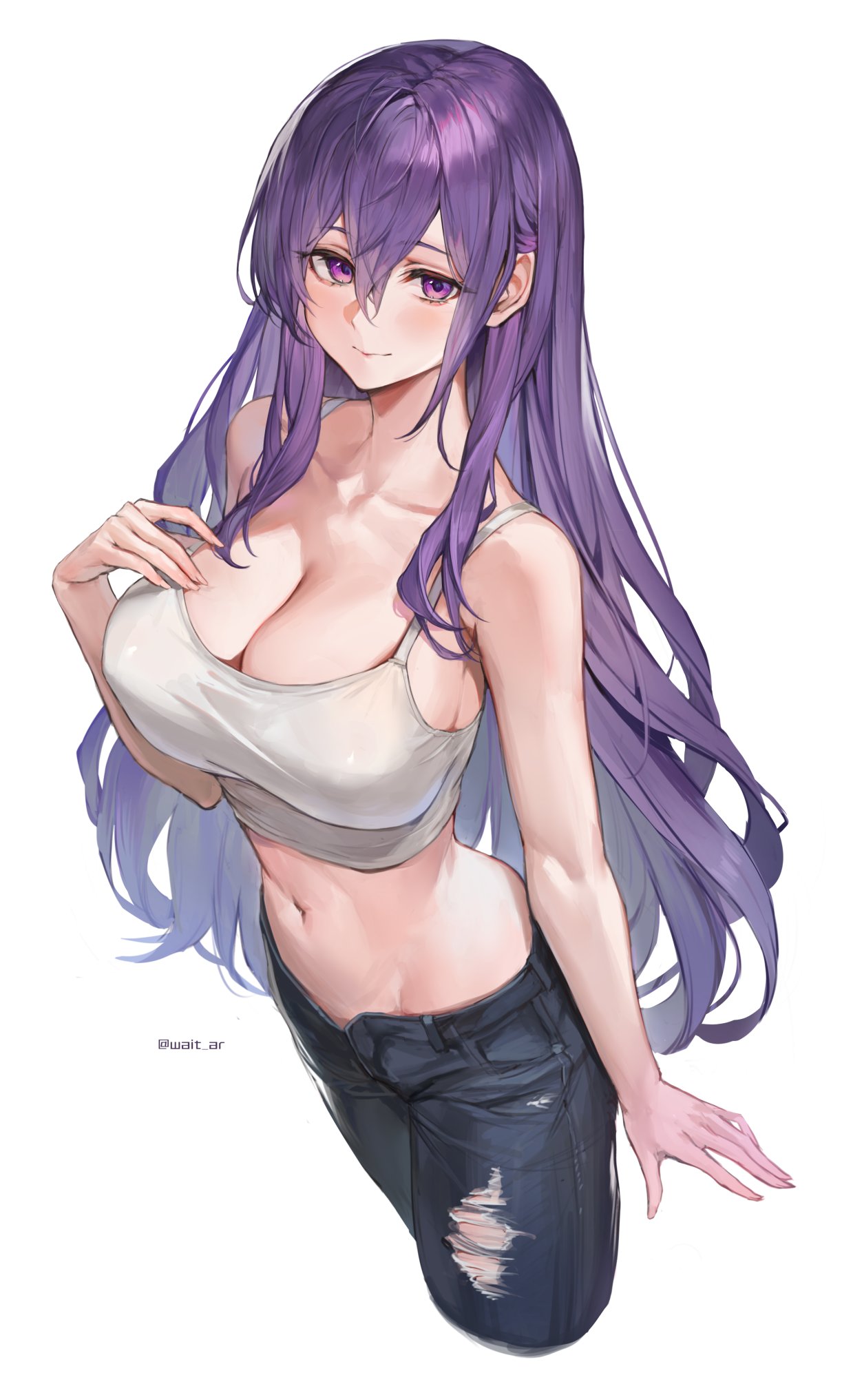 bare shoulders, breasts, busty, cleavage, crop top, female, female only, highres, jeans, long hair, midriff, navel, original, original character, purple hair, ripped jeans, solo, solo female, wait ar