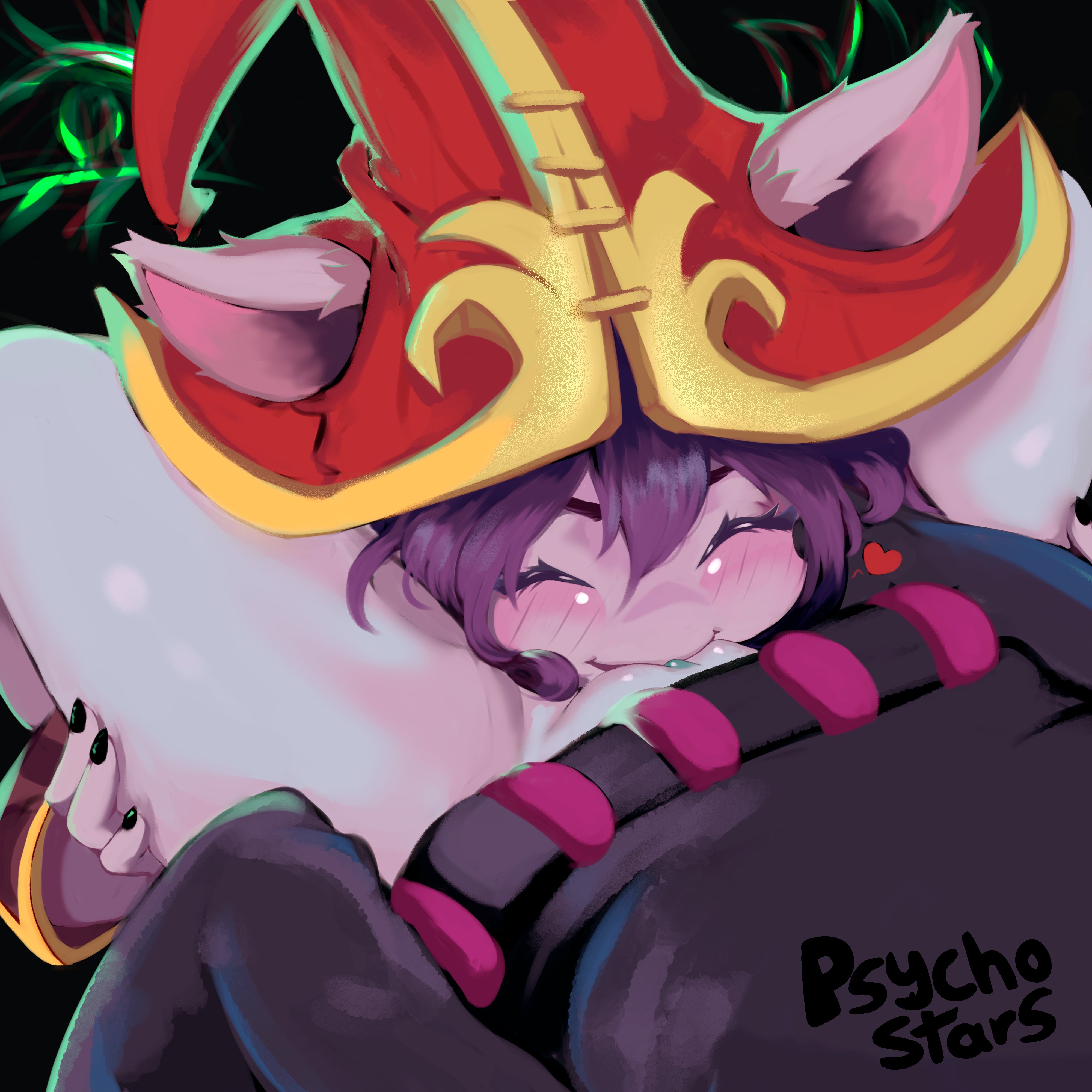 2girls, blush, bottomless, closed eyes, cunnilingus, female, hat, league of legends, lulu the fae sorceress, multiple females, multiple girls, partially clothed, psychostars, smile, vex (league of legends), yordle, yuri