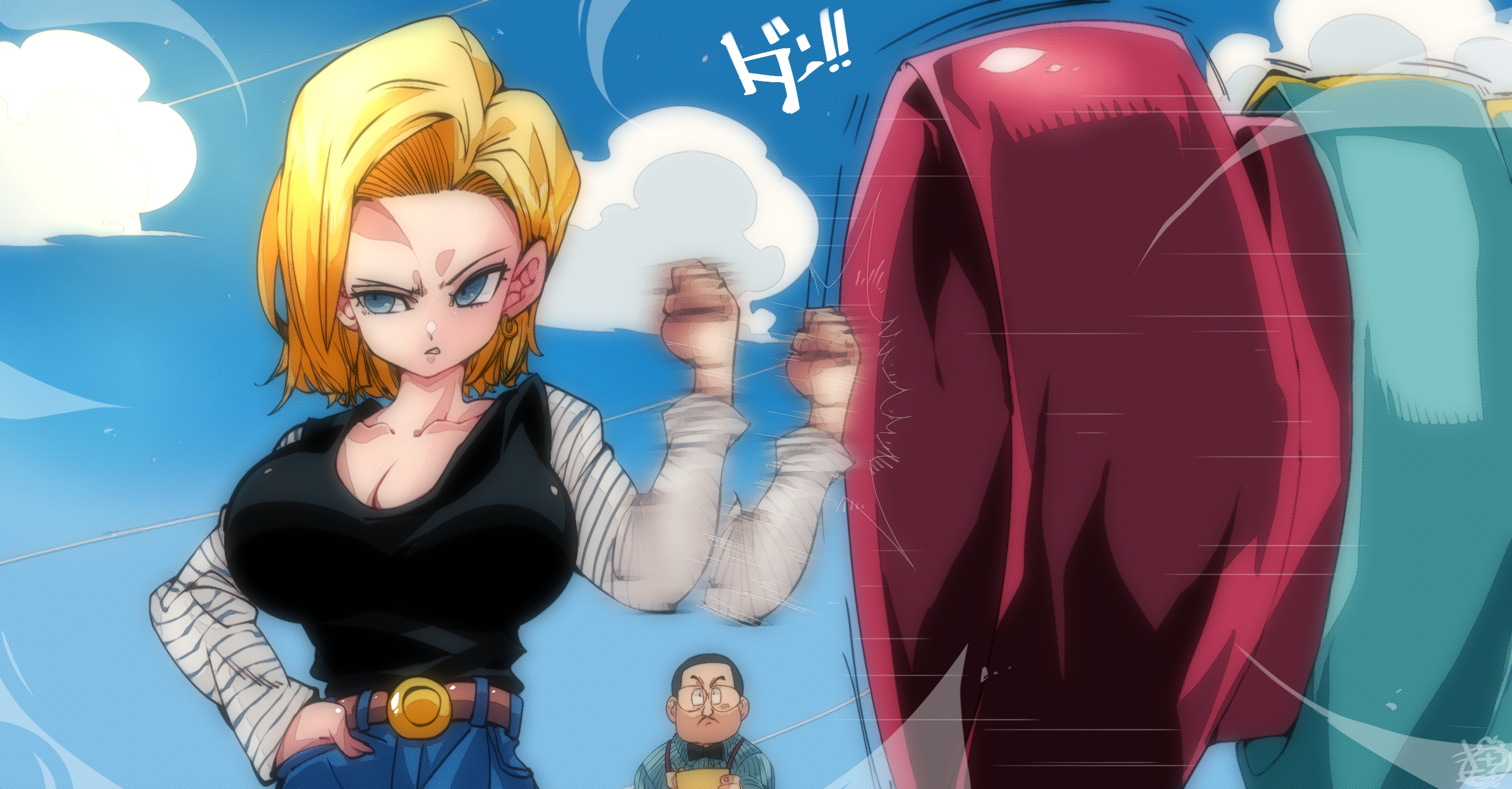 1girls, android 18, blonde, blonde female, blonde hair, blonde-haired female, blue eyes, breasts, cleavage, curvy, dragon ball, erect nipples, female, huge areolae, huge breasts, nipples, omochi db, puffy nipples, short hair, thick lips, voluptuous, yellow hair