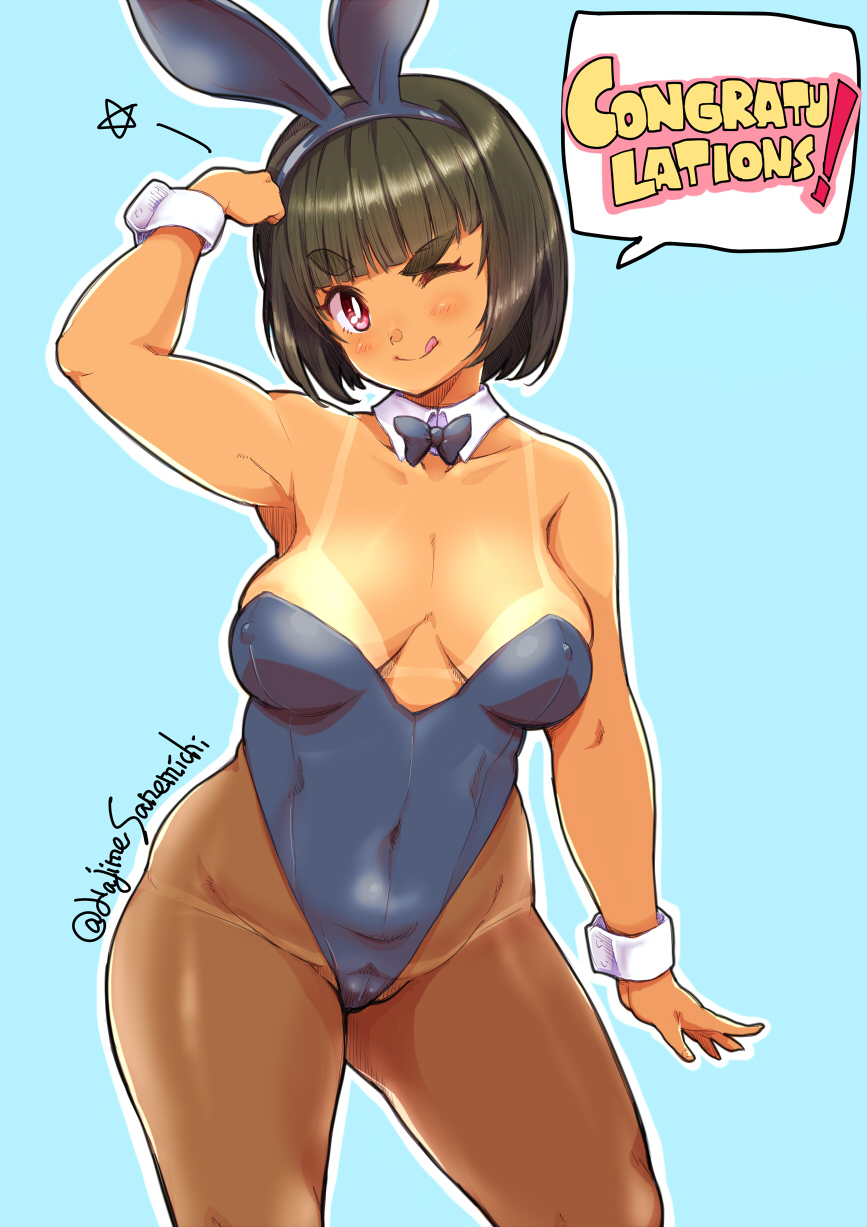 bowtie bunny_girl bunnysuit looking_at_viewer sanemichi_hajime standing tagme tan_body tan_lines tan_skin