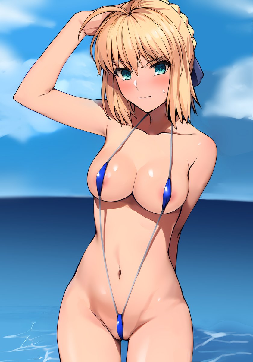 1girls, ahoge, alternate costume, annoyed, areolae, arm behind back, arm up, artoria pendragon, artoria pendragon (fate), bangs, beach, bikini, blonde hair, blue bikini, blush, braid, breasts, closed mouth, fate (series), fate/stay night, female, frown, green eyes, haruhisky, highres, looking at viewer, medium breasts, micro bikini, navel, outdoors, ribbon, saber, saberai-assisted, short hair, sidelocks, solo, standing, swimsuit