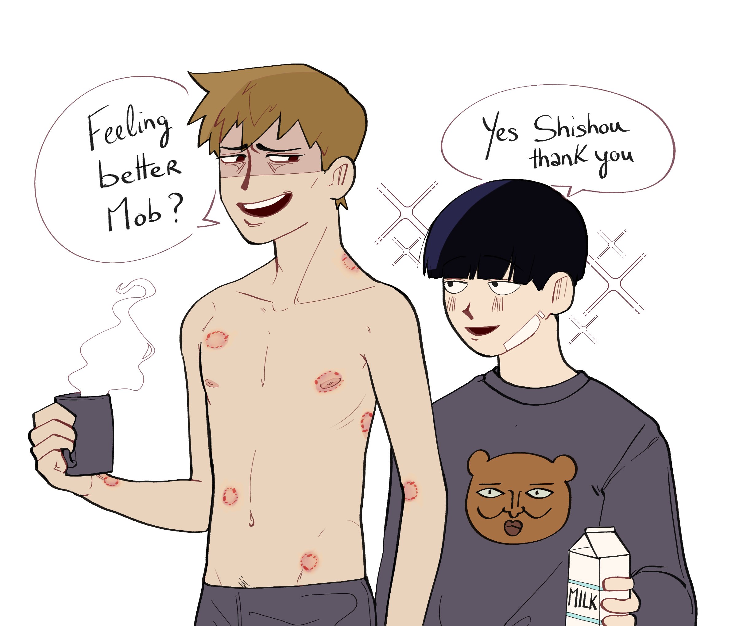after sex, age difference, arataka reigen, bite mark, male, male only, mob psycho 100, nipples, shigeo kageyama, shirtless, size difference, topless, topless male, trippin hamster, vampire