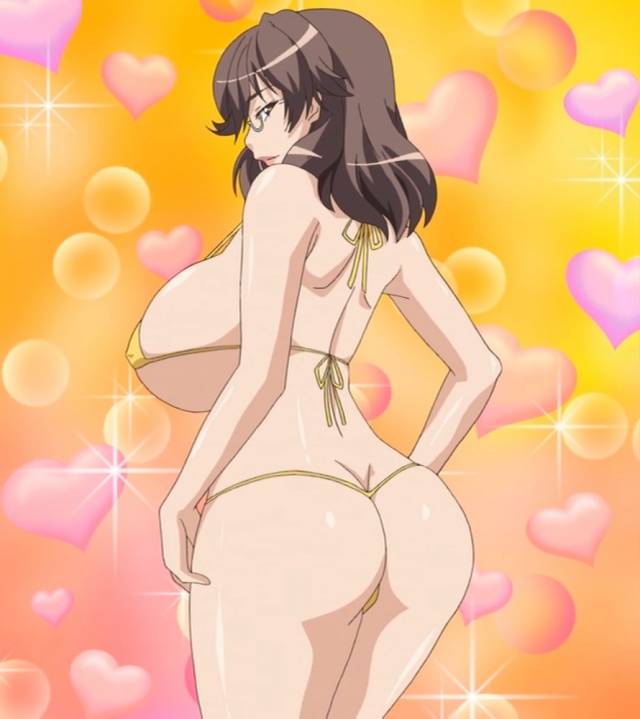 anime_screencap big_breasts bikini brown_eyes brown_hair glasses heart_background hearts huge_breasts large_breast large_breasts looking_at_viewer looking_back mature_female mature_woman milf okudera_anna okusama_wa_moto_yari_man older_female older_woman ova screencap screenshot stitched swimsuit swimwear yellow_bikini yellow_swimsuit yellow_swimwear