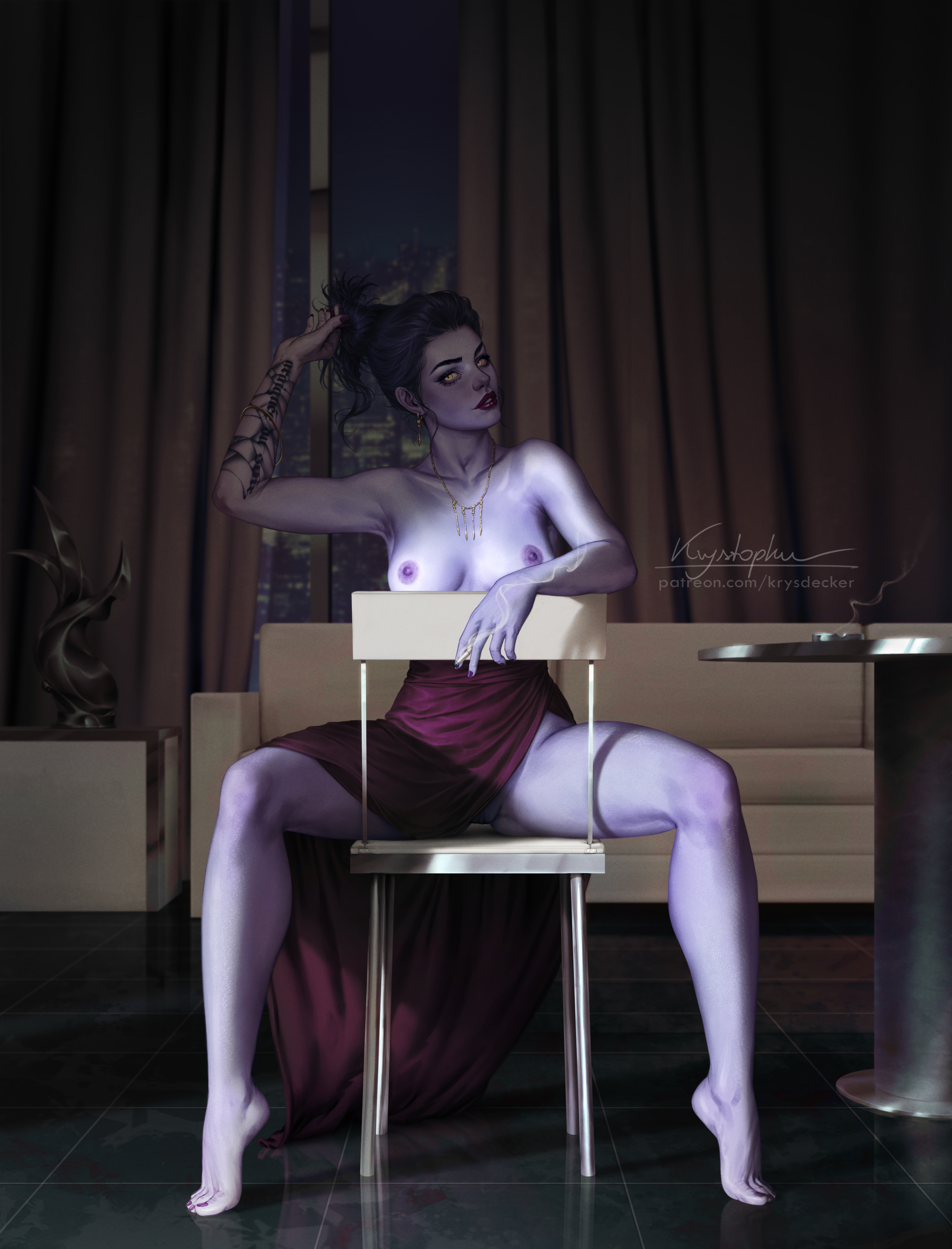 absurd res, armpits, arms up, barefoot, big breasts, blizzard entertainment, blue skin, breasts, chair, detailed background, dress, earrings, female, female only, hair up, jewelry, krysdecker, legs, lipstick, looking at viewer, necklace, nipples, overwatch, purple hair, purple skin, pussy, pussy peek, romantic, seductive, seductive look, seductive smile, sitting, smoking, solo, solo female, spread legs, straddling, toes, widowmaker, yellow eyes