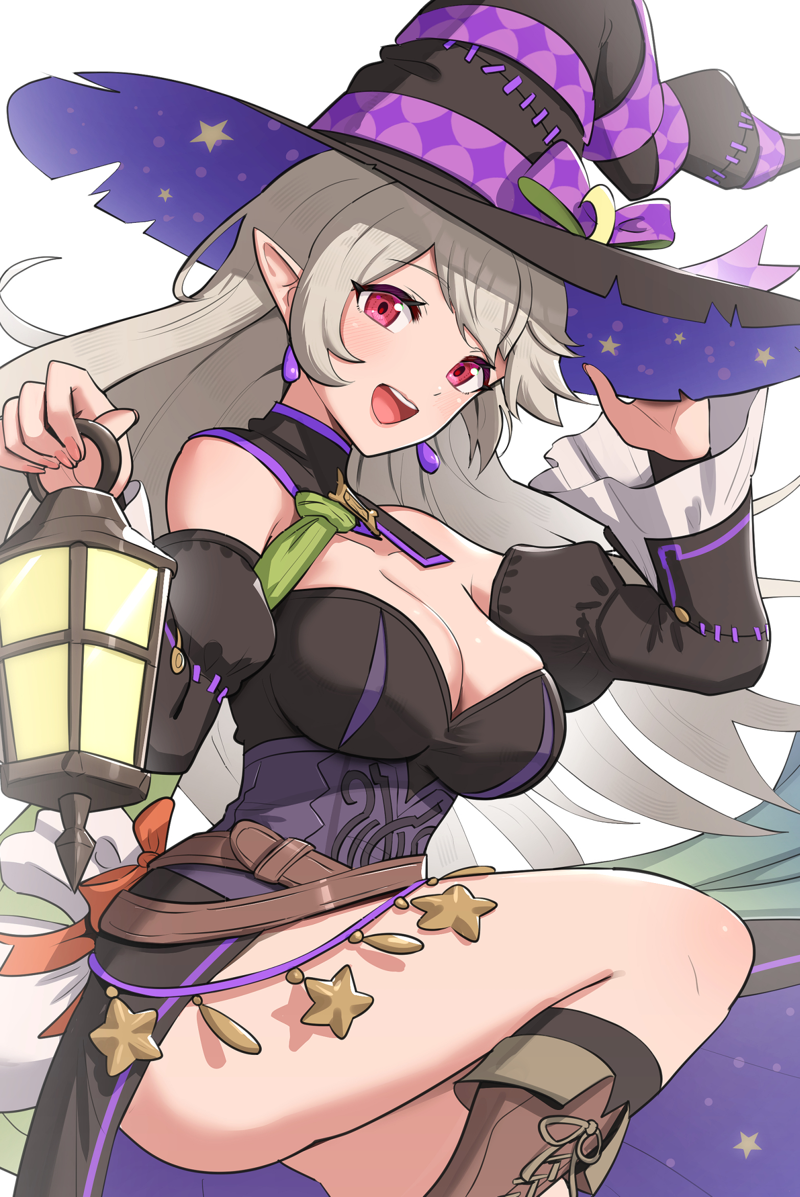 1girls, alternate costume, bare legs, breasts, cleavage, collarbone, commentary, corrin (fire emblem), corrin (fire emblem) (female), earrings, female, female only, fire emblem, fire emblem fates, fire emblem heroes, gonzarez, halloween, halloween costume, hat, highres, jewelry, lantern, large breasts, long hair, looking at viewer, nintendo, official alternate costume, open mouth, pointy ears, red eyes, smile, solo, witch, witch hat