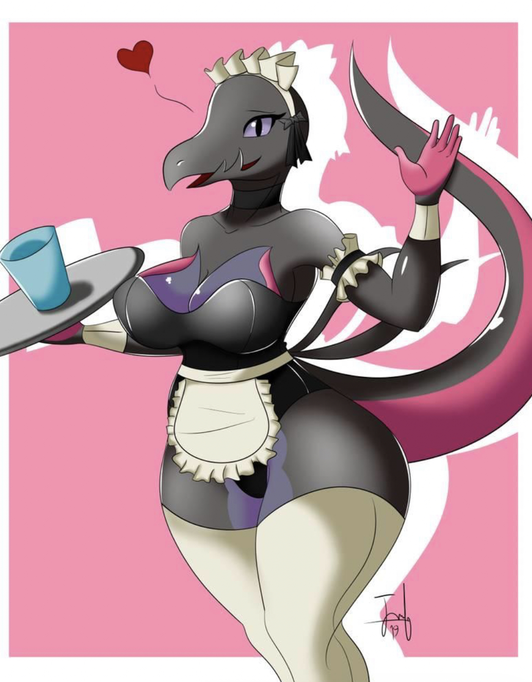 anthro heart jmf looking_at_viewer maid maid_uniform nintendo pink_background pokemon pokemon_(species) salazzle thighhighs white_background