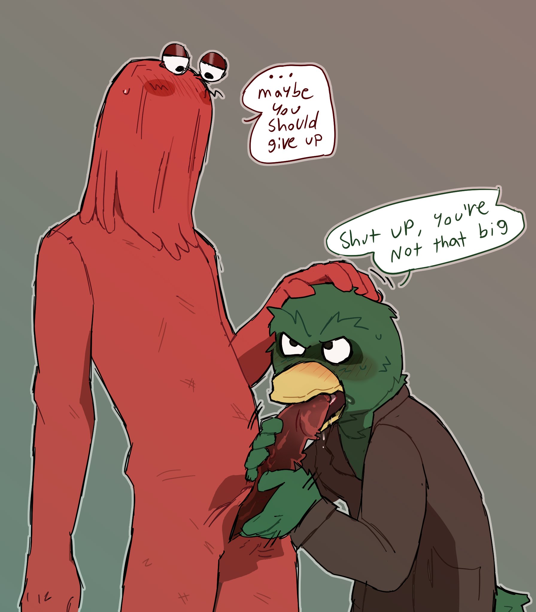 2boys, avian, dont hug me im scared, duck guy (dhmis), male, male only, mushy mess, oral, penis, red guy (dhmis)