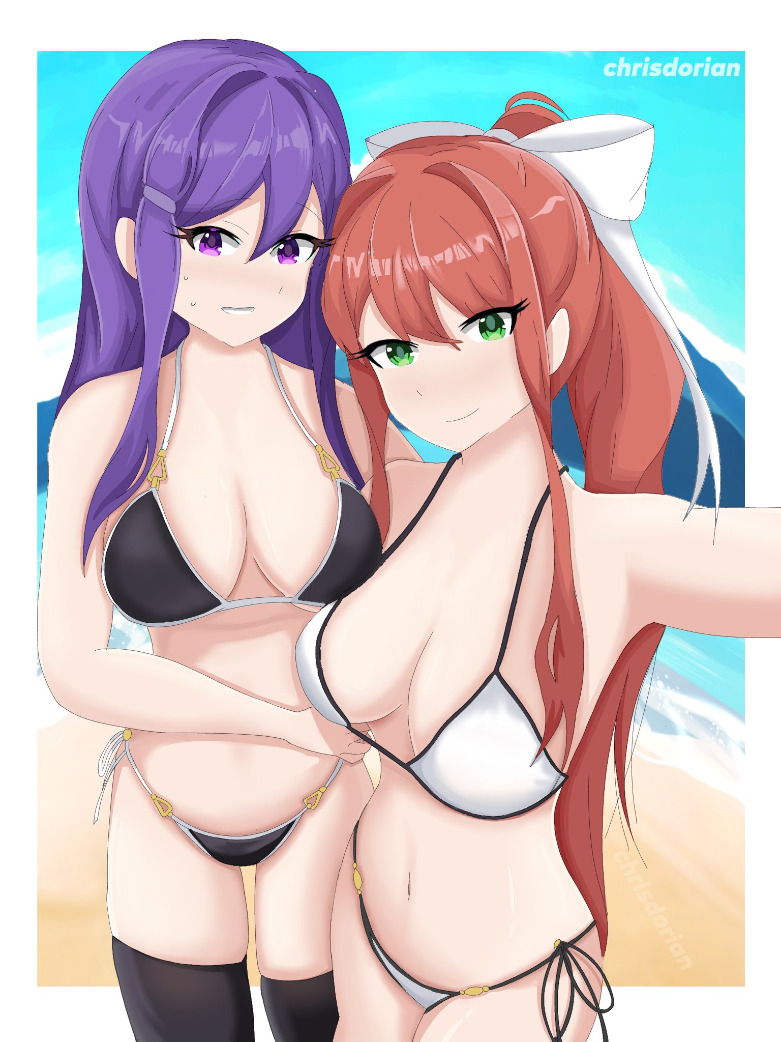 2girls, beach, black swimsuit, bow, breasts, brown hair, chd172 (artist), chrisdorian, chrisdorian17 (artist), doki doki literature club, female, female only, green eyes, looking at viewer, monika (doki doki literature club), multiple females, multiple girls, ocean, ponytail, purple eyes, purple hair, sand, smile, smiling, smiling at viewer, sweat, sweating, swimsuit, water, white bow, white swimsuit, yuri (doki doki literature club)