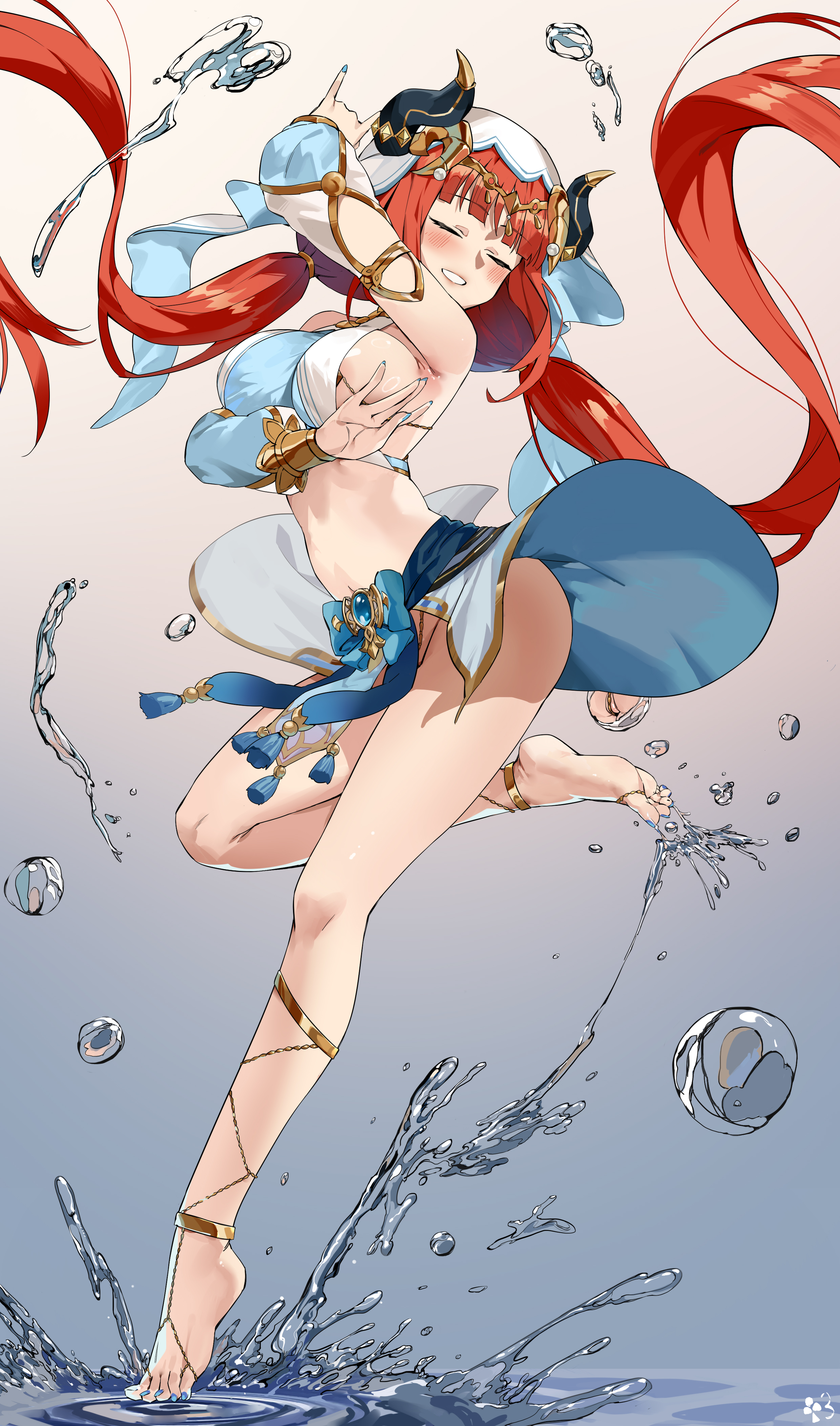 1girls, barefoot, blush, breasts, club3, dancer, dancer outfit, female, genshin impact, hi res, hips, large breasts, long hair, long legs, nanaya (daaijianglin), nilou (genshin impact), red hair, slim waist, smile, thighs, water