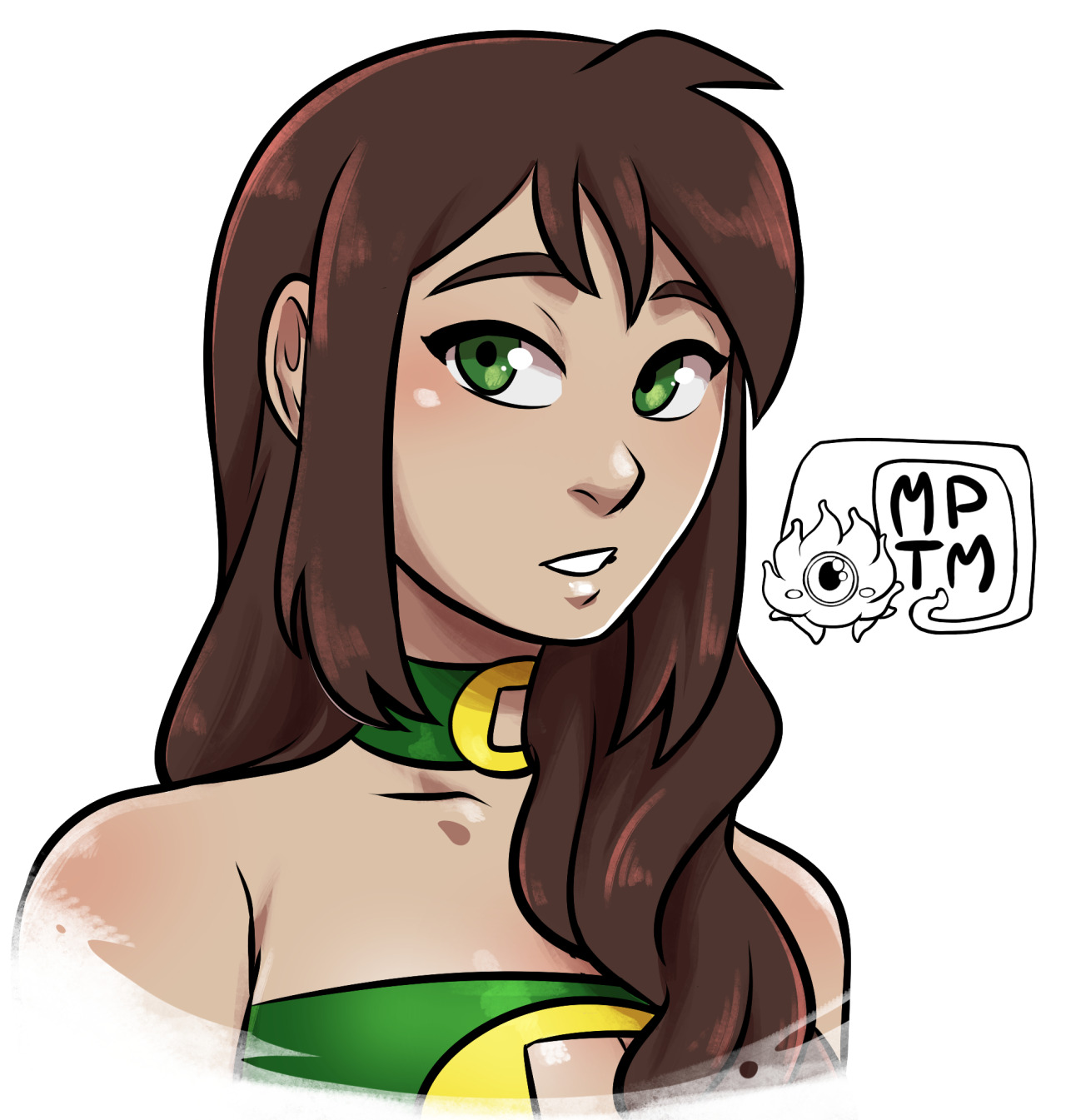 1girls, alternate hairstyle, artist signature, asian female, avatar the last airbender, bare shoulders, boob window, breasts, brown hair, choker, cleavage, close-up, clothing, earth kingdom, female, female focus, female only, green eyes, hair covering breasts, hair down, harem outfit, jin (avatar), long hair, looking at viewer, my pet tentacle monster, neckwear, portrait, sidelocks, simple background, solo, solo female, solo focus, teenager, teeth, teeth showing, teeth visible, topwear, white background
