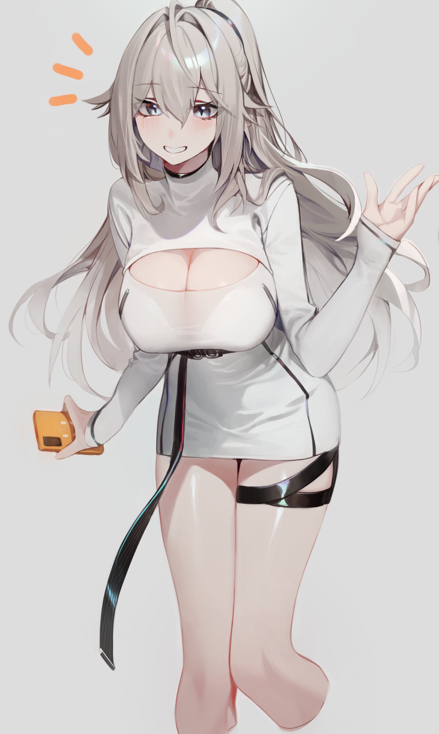 big breasts, boob window, breasts, choker, cleavage, cleavage cutout, elf ears, female, light skin, light-skinned female, looking at viewer, miniskirt, pale skin, pale-skinned female, qeleleldhcks (artist), shiny skin, smile, thick thighs, thigh strap, white hair