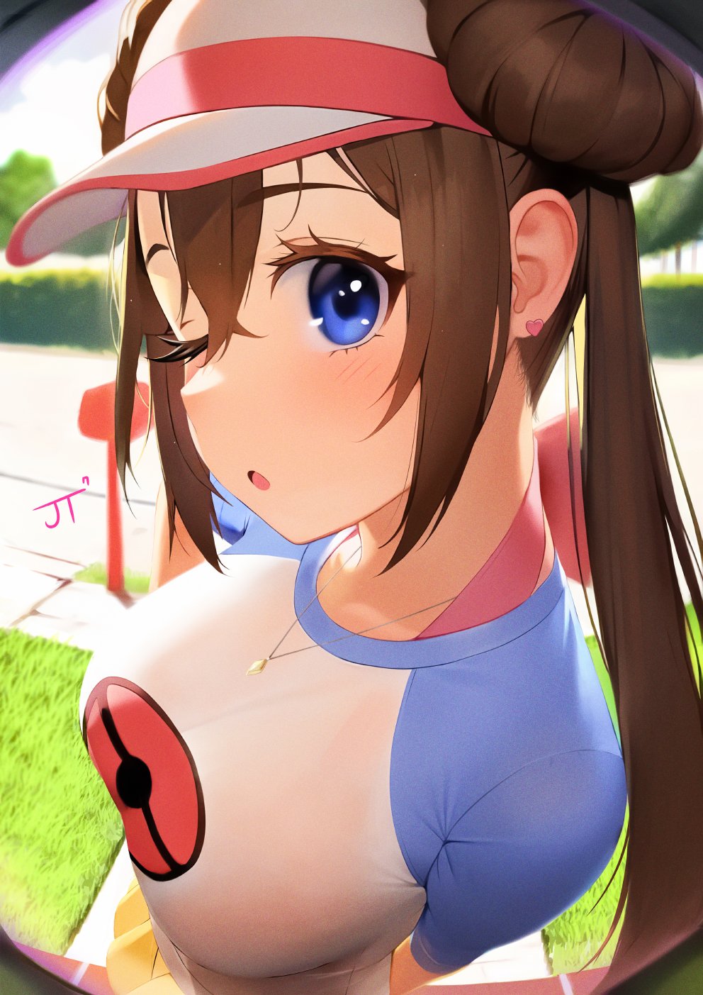 1girls :o breasts brown_hair clothed clothed_female female female_only fisheye_lens game_freak hat huge_breasts human human_only light-skinned_female light_skin long_hair nintendo one_eye_closed pokemon pokemon_bw2 rak_(kuraga) ringing_doorbell rosa_(pokemon) twin_buns twintails white_shirt