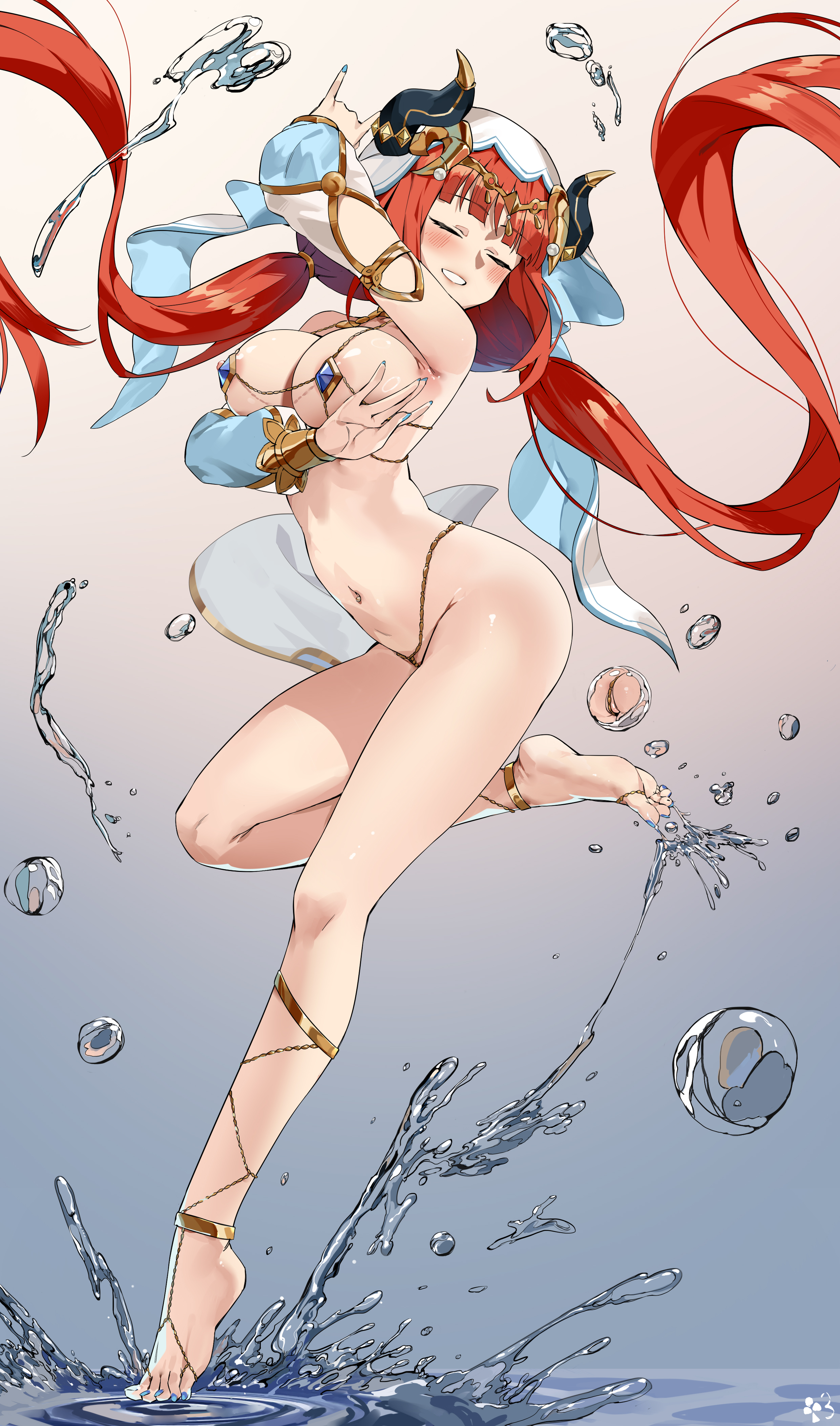 1girls, barefoot, blush, breasts, club3, dancer, dancer outfit, female, genshin impact, hi res, hips, large breasts, long hair, long legs, nanaya (daaijianglin), nilou (genshin impact), red hair, slim waist, smile, thighs, water