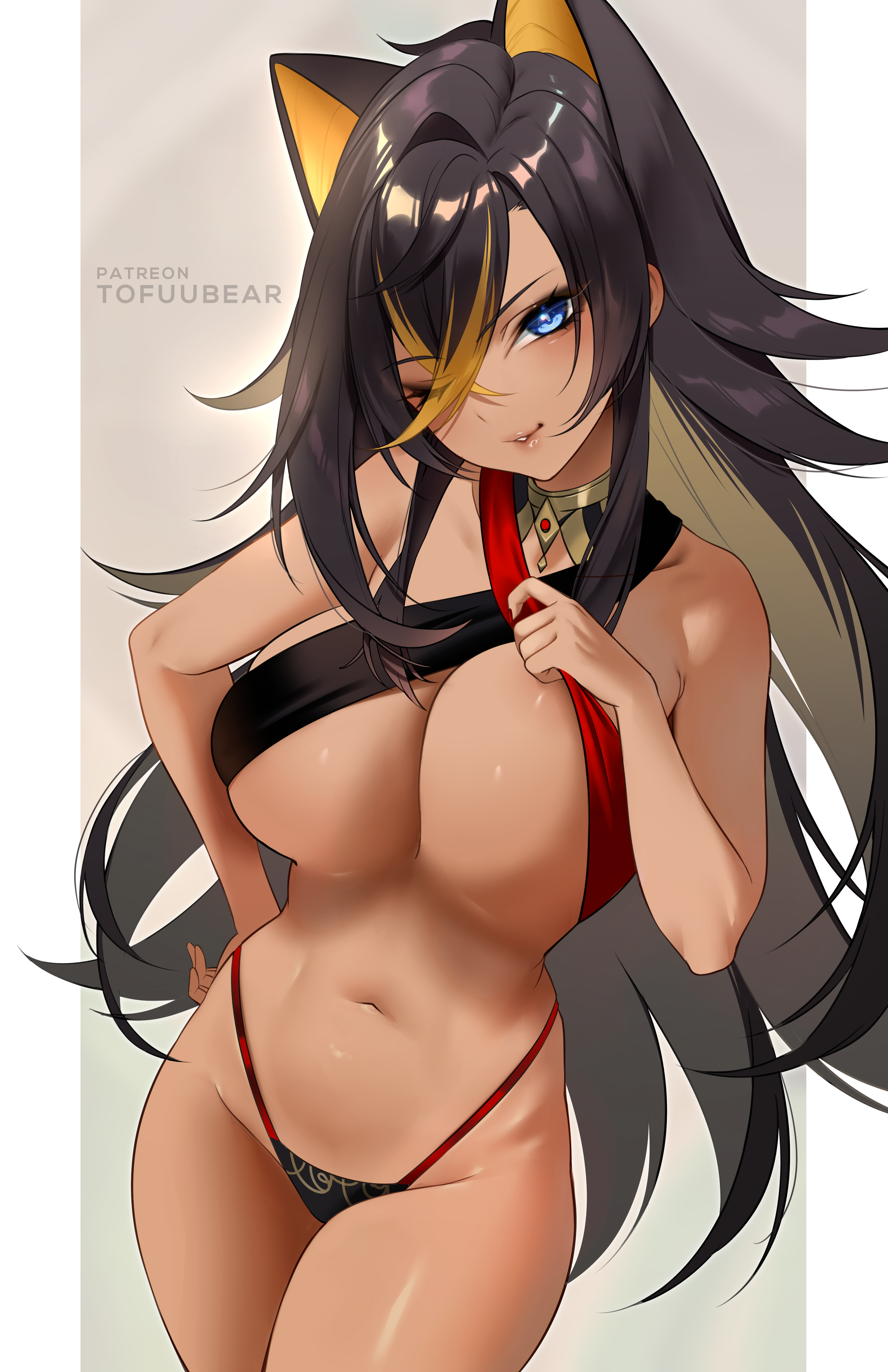 1girls, absurd res, big breasts, bikini, black hair, blue eyes, breasts, dark skin, dark-skinned female, dehya (genshin impact), female, female only, genshin impact, hi res, highres, large breasts, long hair, looking at viewer, midriff, navel, one eye closed, solo, solo female, swimsuit, thick, thick thighs, tofuubear, voluptuous