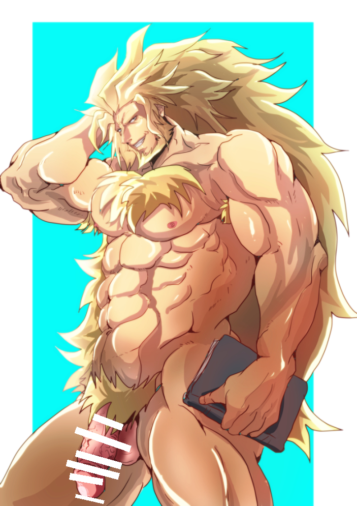 balls bara beard blonde_hair censored_penis chest_hair facial_hair flaccid gay guilty_gear leo_whitefang long_hair male male_only muscles muscular nude penis solo solo_male tentenkingyo