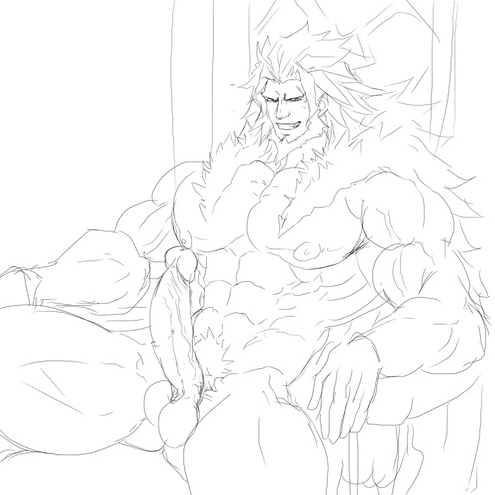 balls bara beard boner erection facial_hair gay guilty_gear leo_whitefang long_hair male male_only mb_artblog monochrome muscles muscular nude penis sketch solo solo_male spread_legs